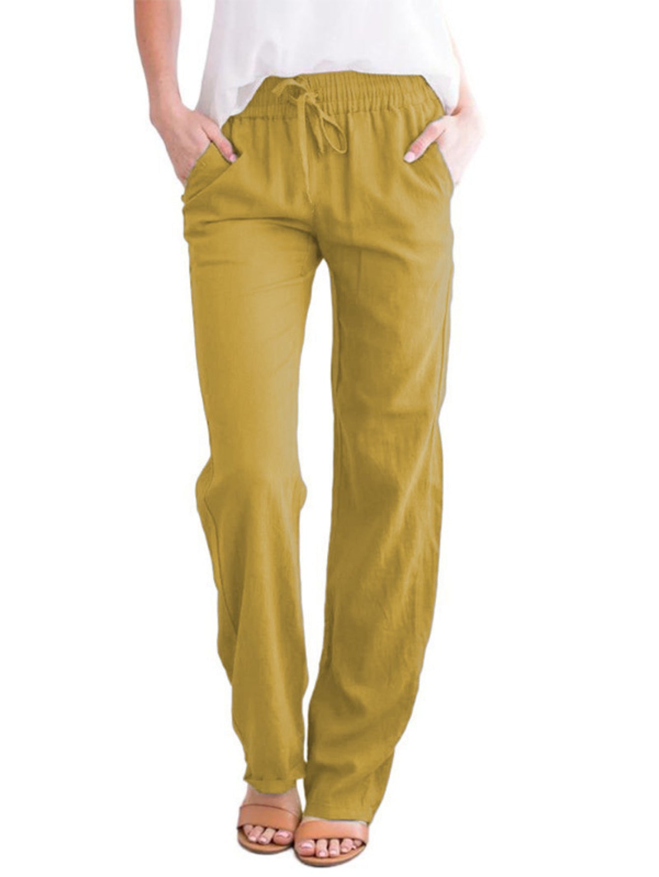 Women's Loose Fit Wide-Leg Trousers - Casual Solid Color Drawstring Design Fashion Pants