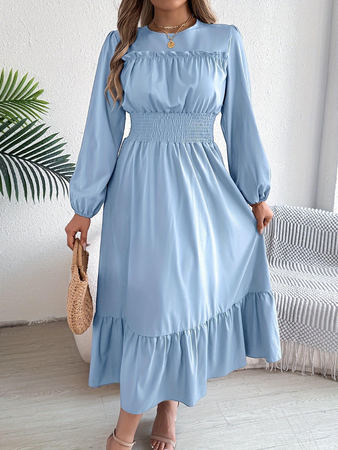 Elegant Long Sleeve Hem Round Neck Dress