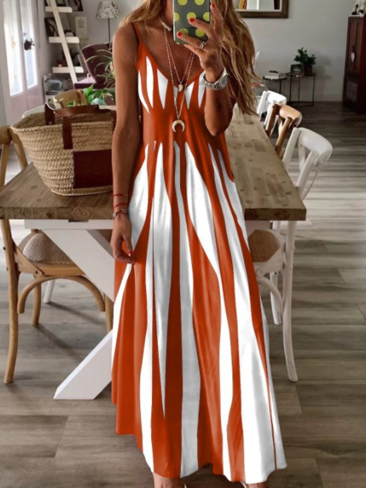 Geo Print V Neck Dress, Casual Spaghetti Strap Sleeveless Dress