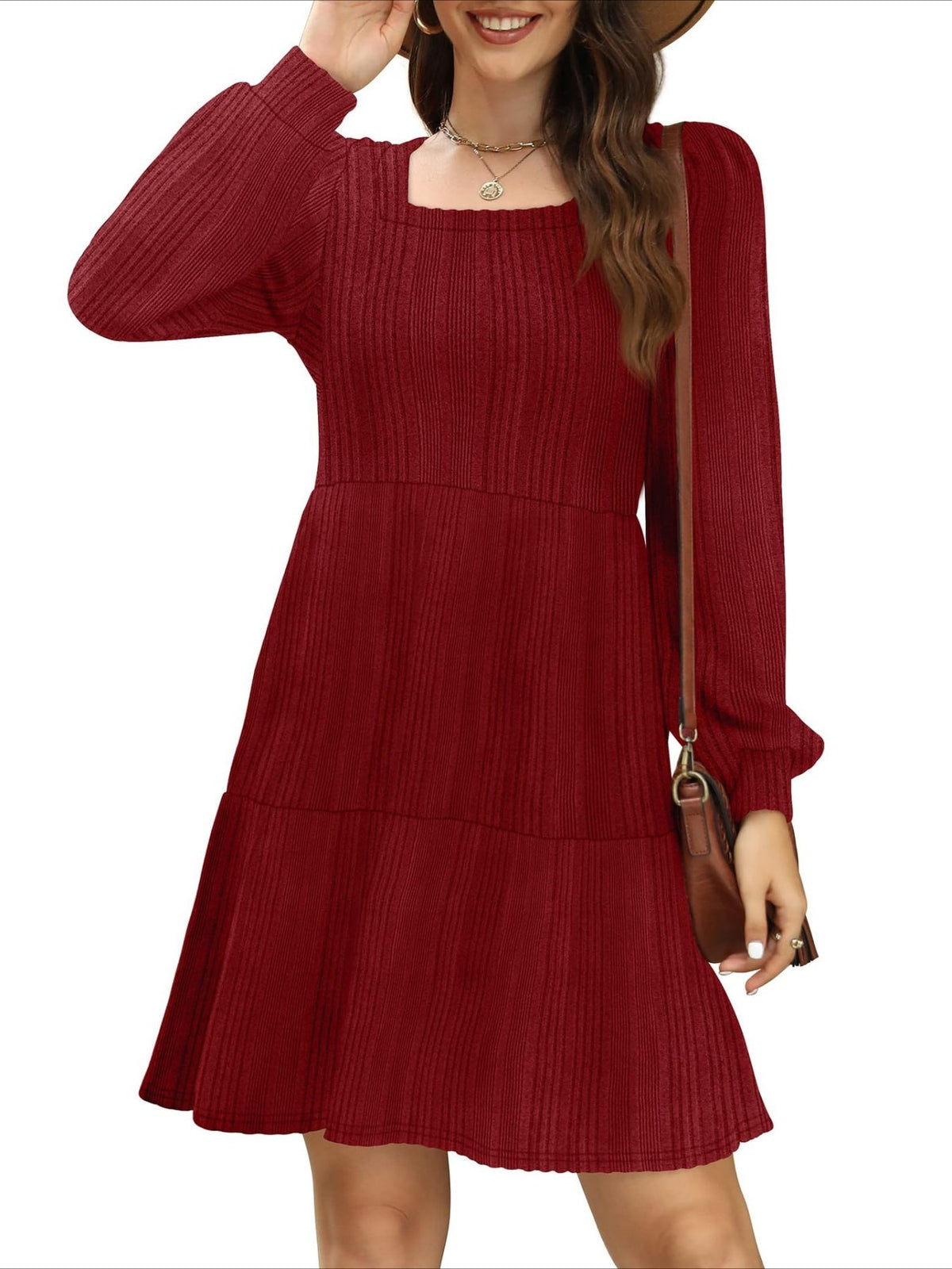 Square Neck Long Sleeve Dress with Pockets