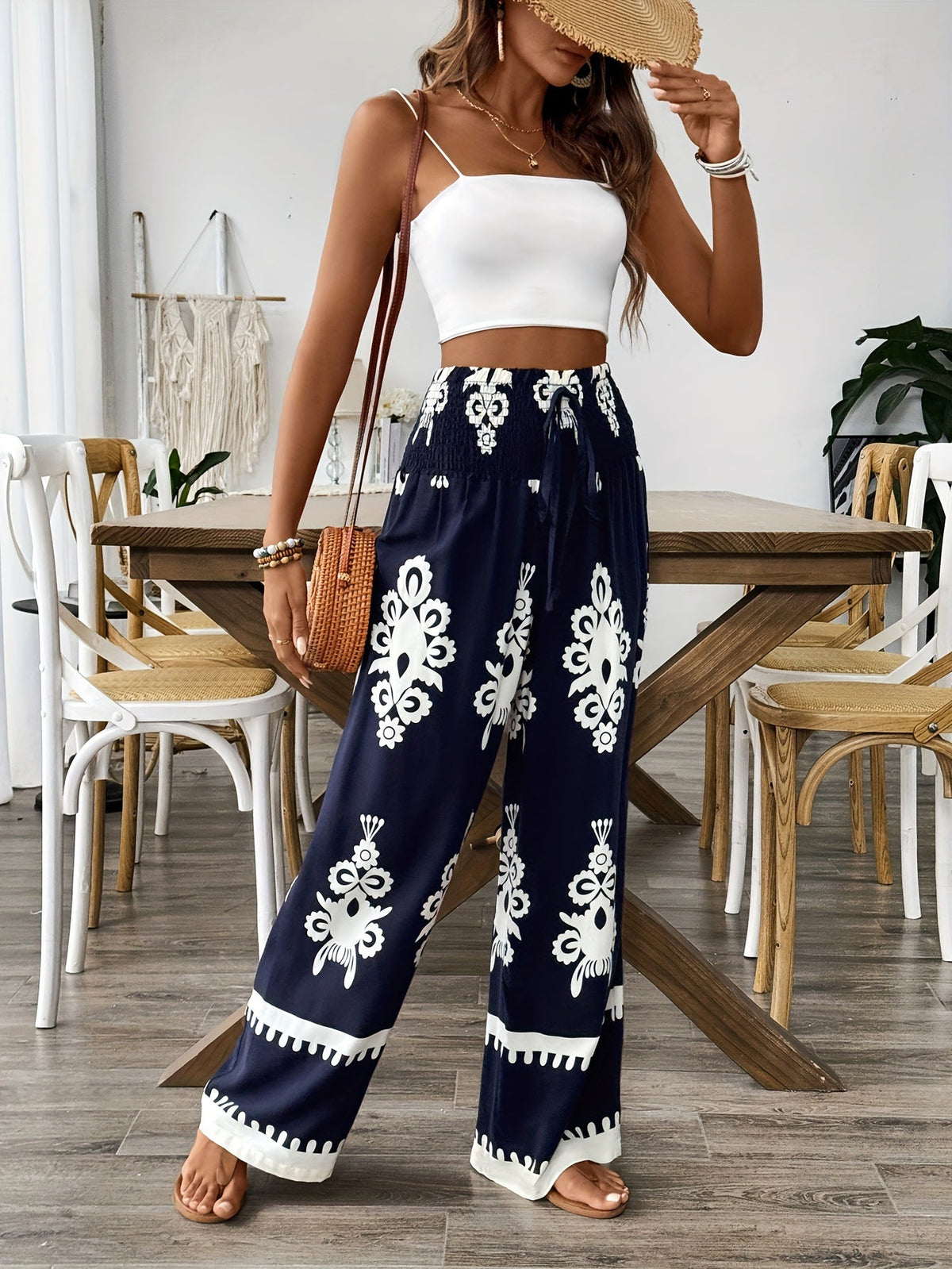 Elegant High-Waisted Chic Green Floral Print Wide-Leg Pants for Women