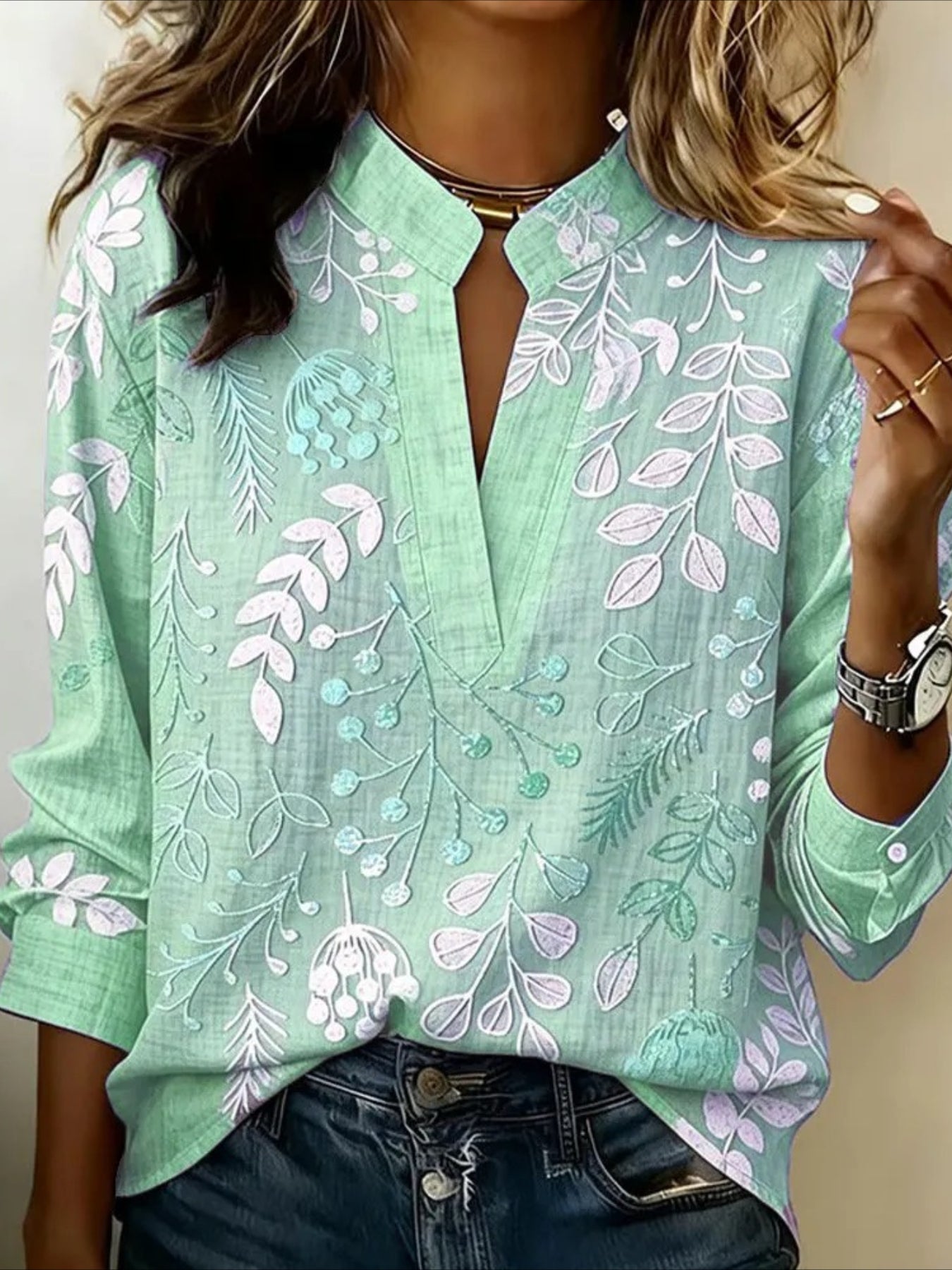 Vintage Floral Prints Stand Collar Casual Long Sleeve Blouse Shirt