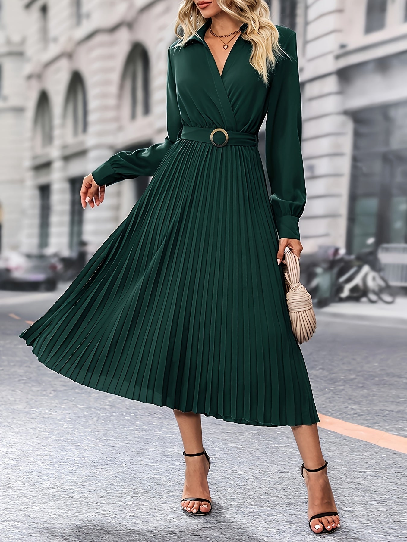 Surplice Neck A-line Pleat Dress, Elegant Long Sleeve Belt Dress
