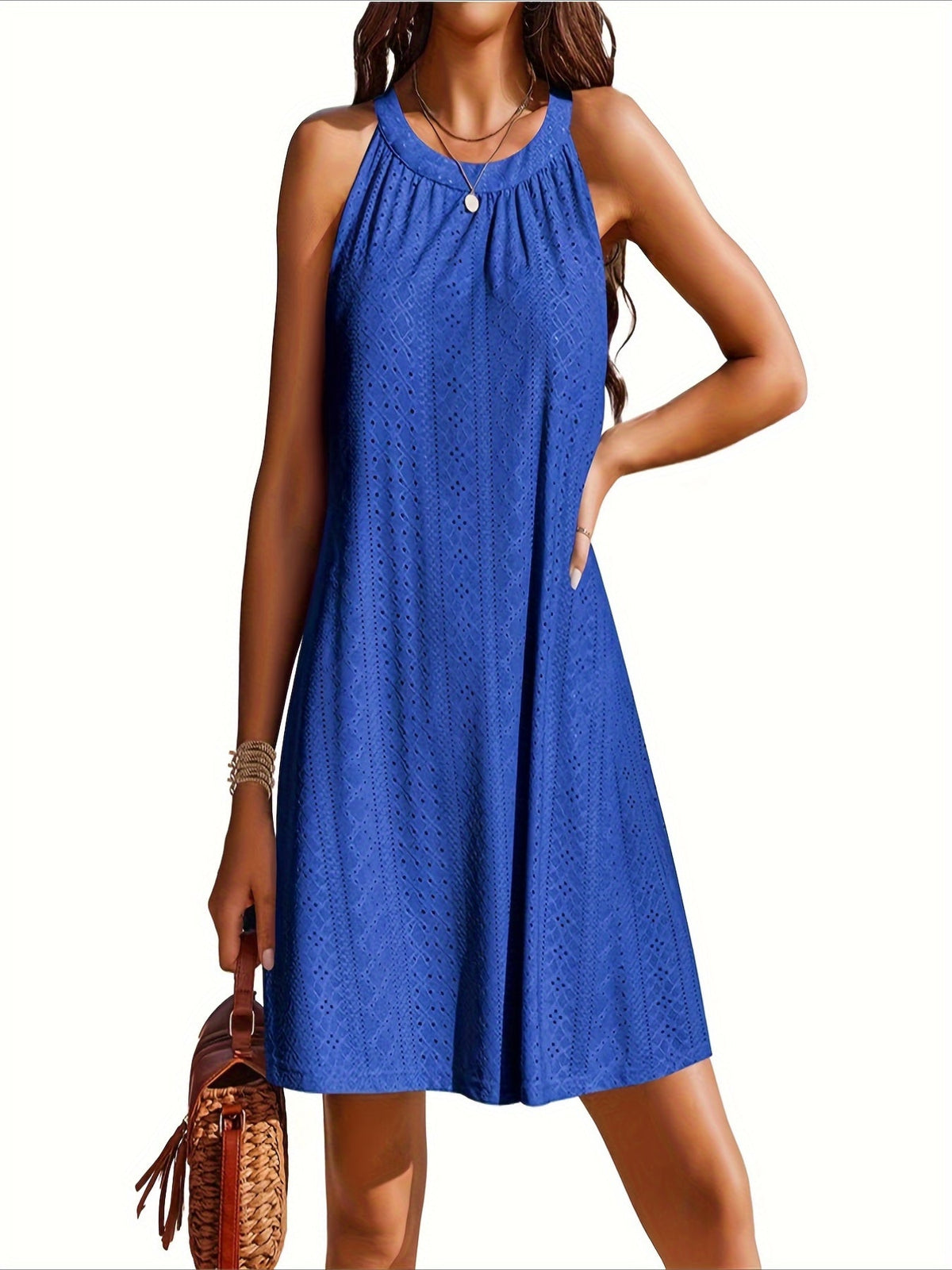 Eyelet Embroidered Crew Neck Dress, Casual Sleeveless Dress