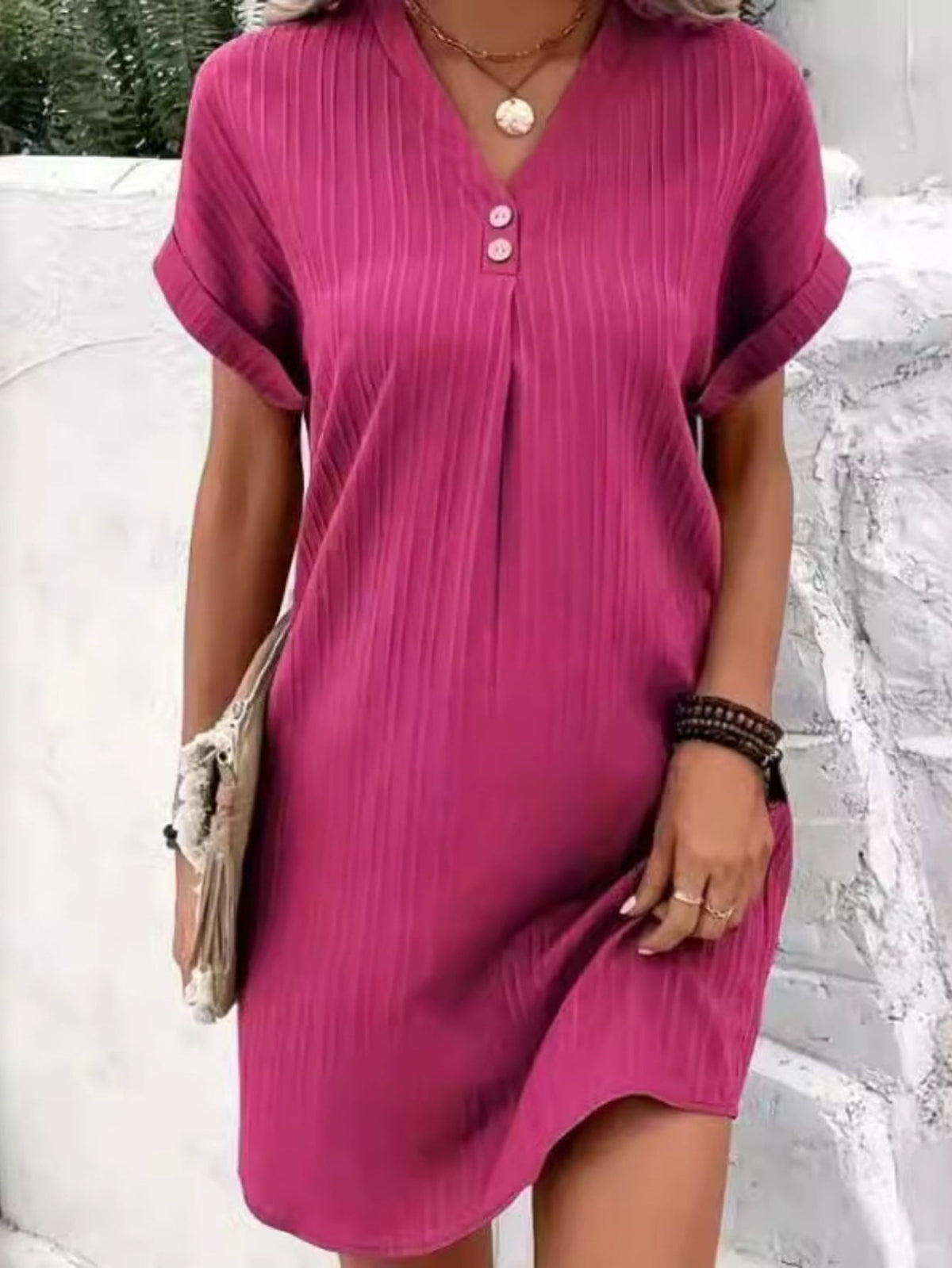 Button Decor V Neck Dress, Elegant Short Sleeve Dress