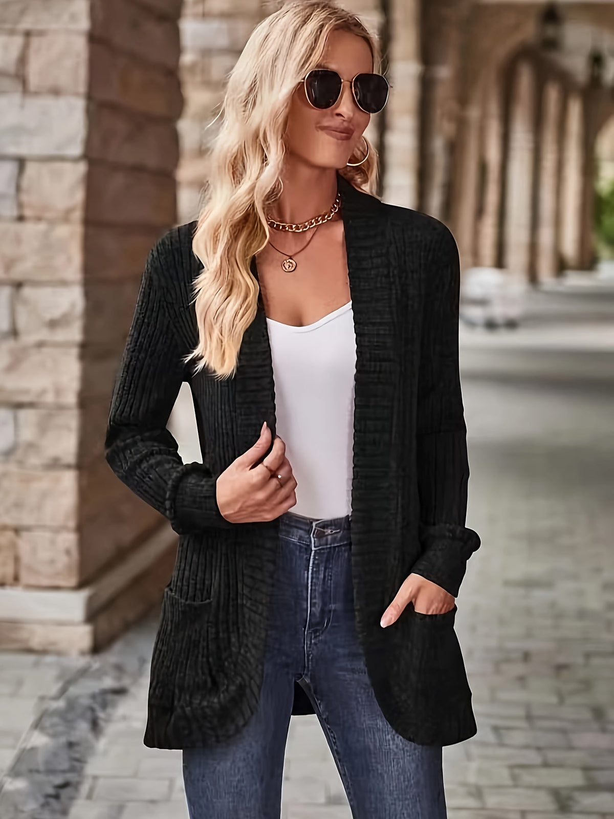 Solid Open Front Cardigan, Casual Long Sleeve Drop Shoulder Outwear