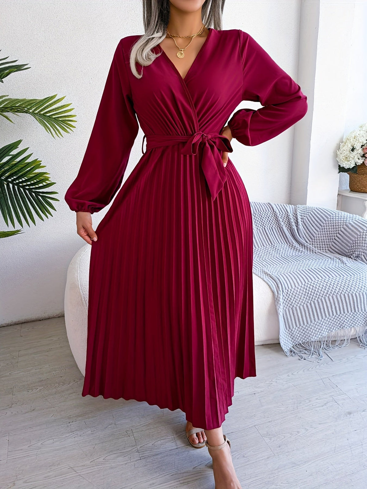 Pleated Surplice Neck Dress, Elegant Long Sleeve Solid Dress, Women's Clothing