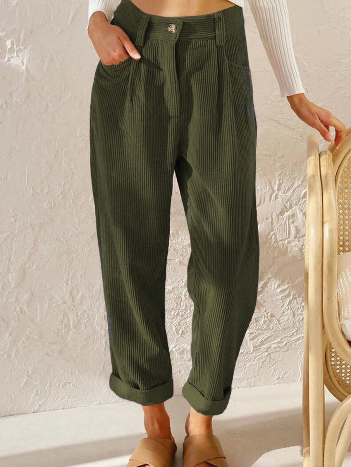 Women's High-Waist Corduroy Pants - Casual Solid Color, Loose Fit Straight Leg with Pockets
