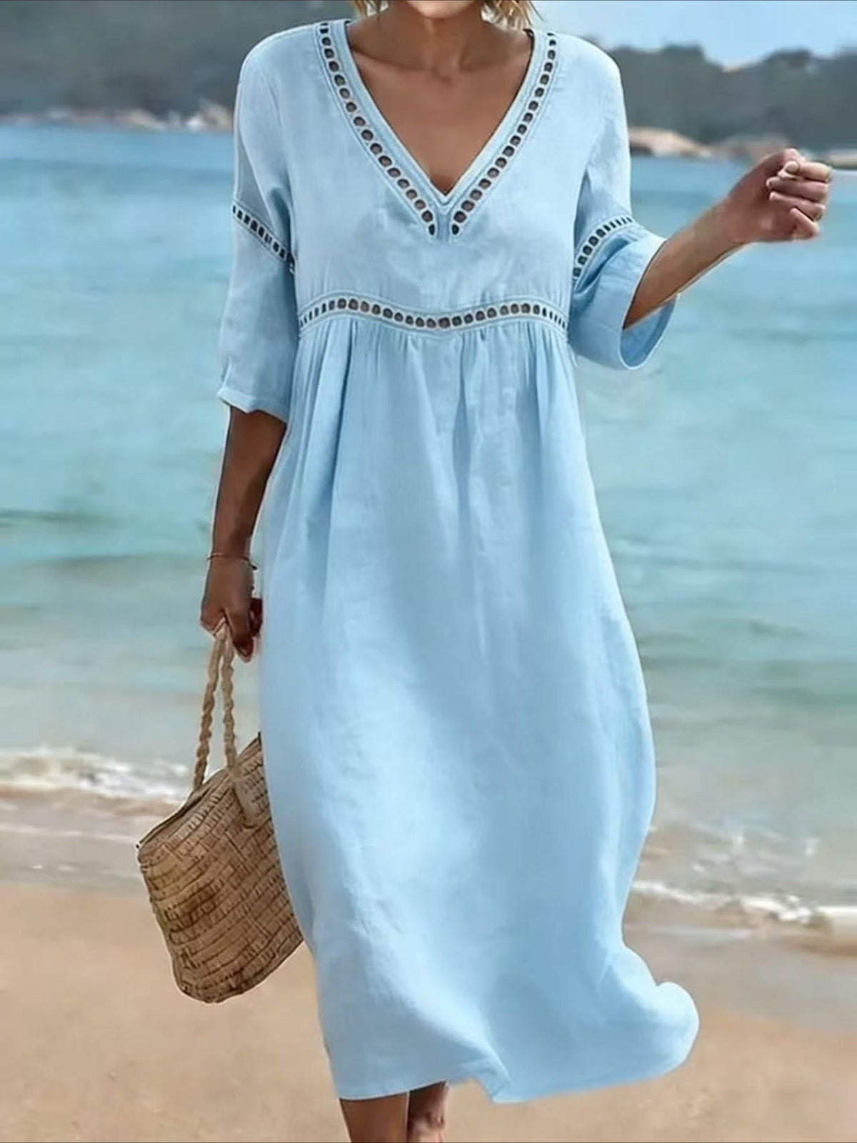 Casual V-Neck Solid Color Hollow Out Dress