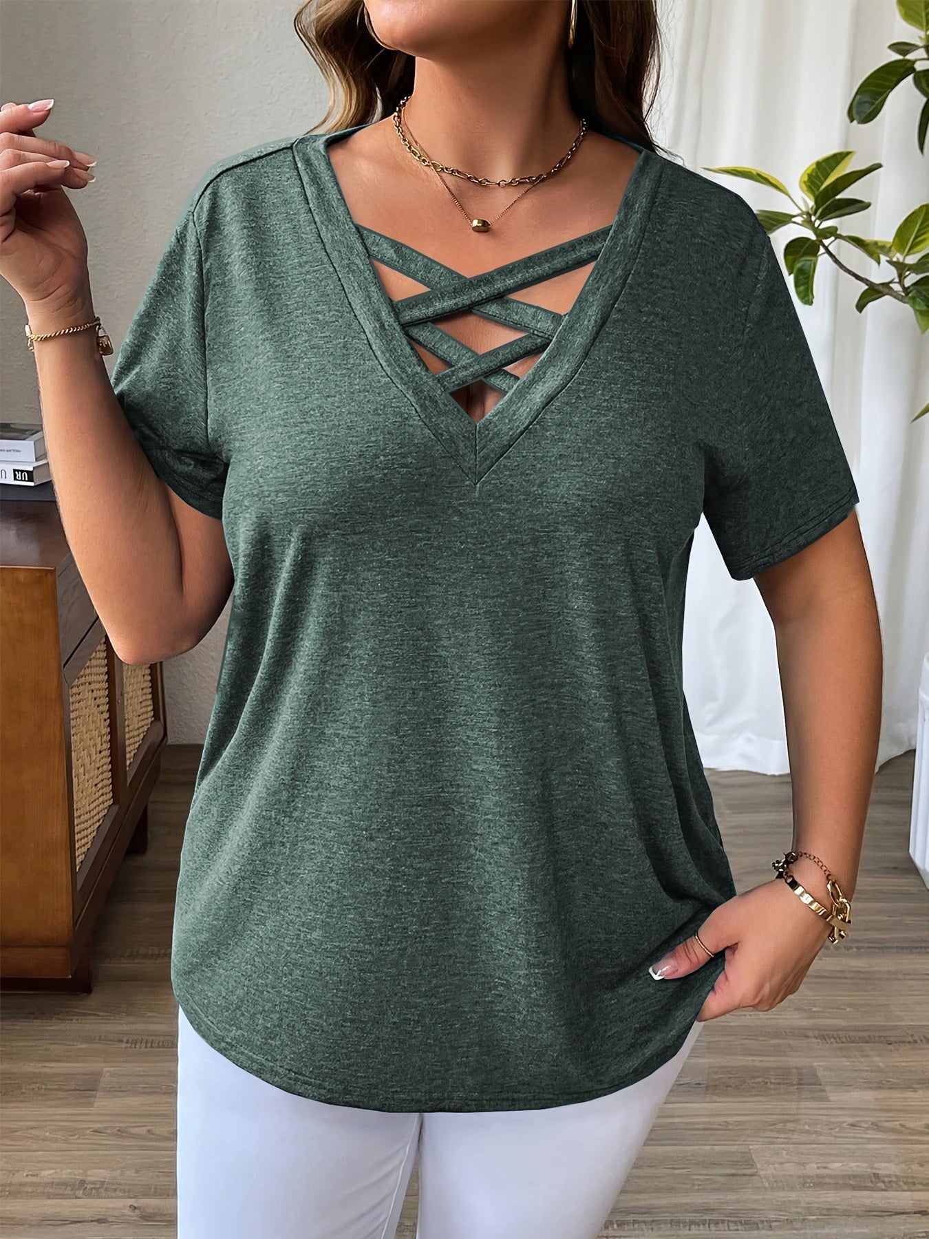 Solid Color T-Shirt with Crisscross V-Neck and Short Sleeves