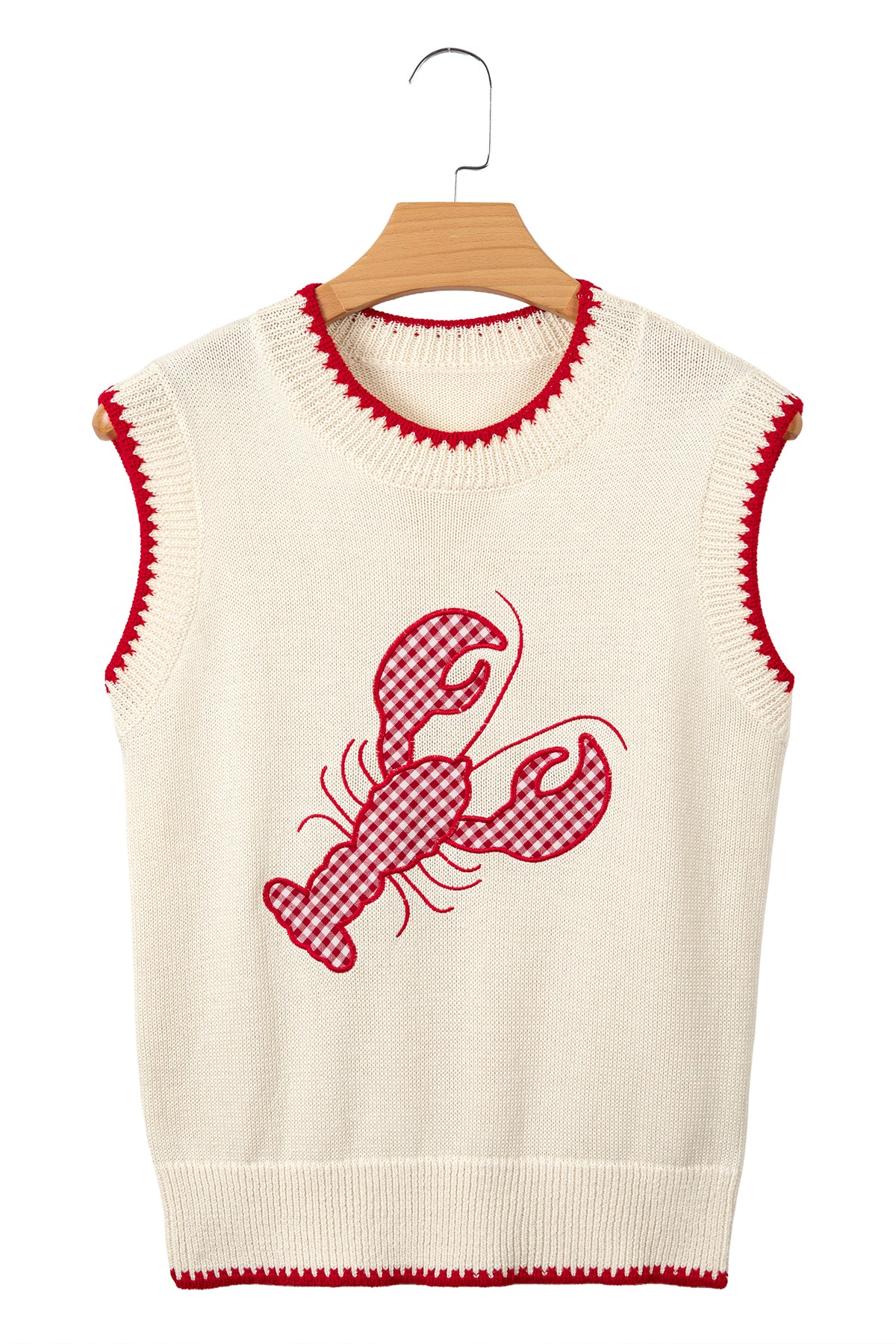 Beige Plaid Crawfish Crew Neck Knit Sweater Vest