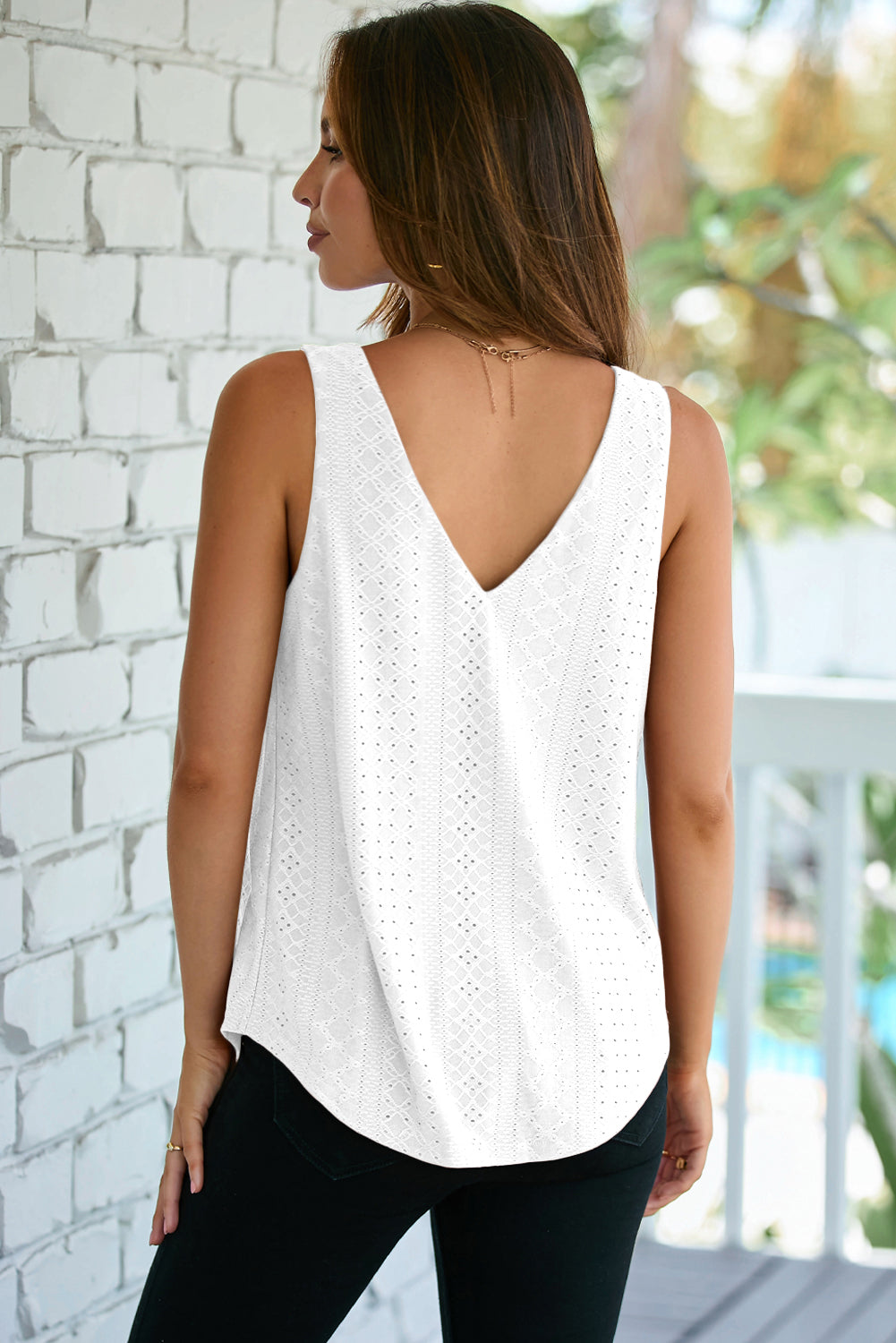 White Eyelet Knit Patterned Loose V Neck Tank Top