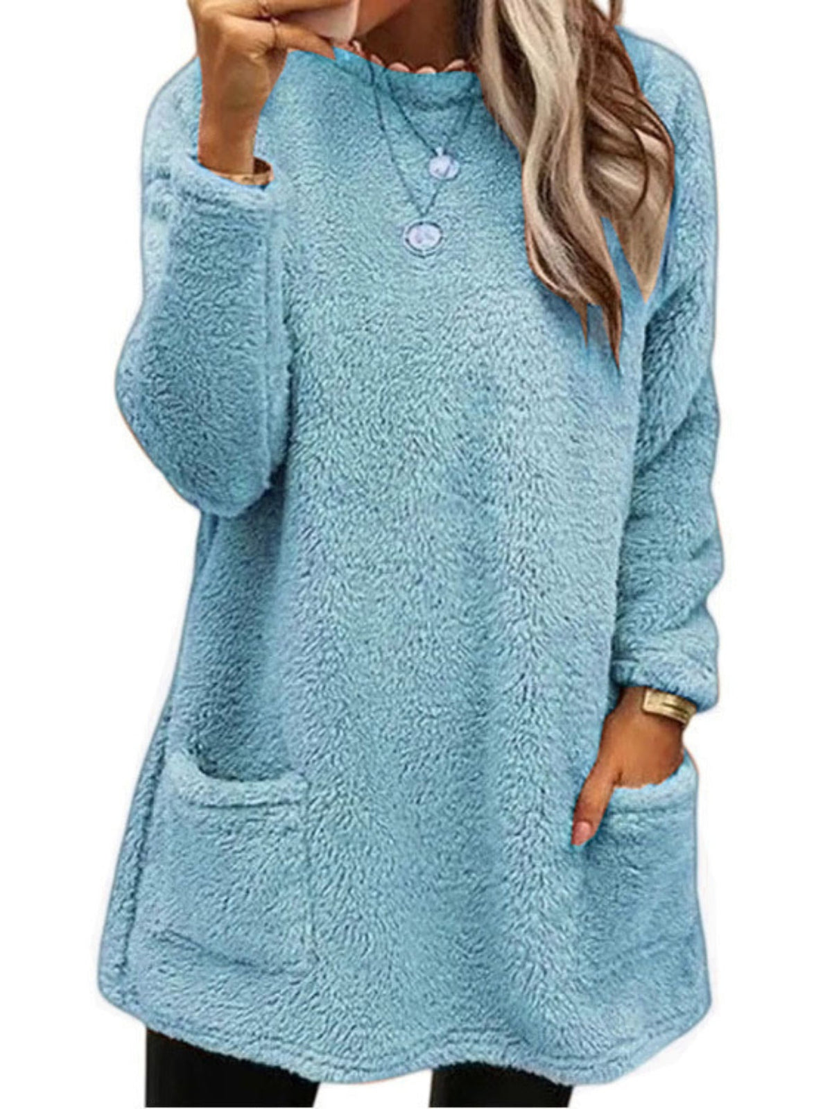 Solid Color Pullover Teddy Sweatshirt, Casual Long Sleeve Crew Neck Dual Pockets Sweatshirt