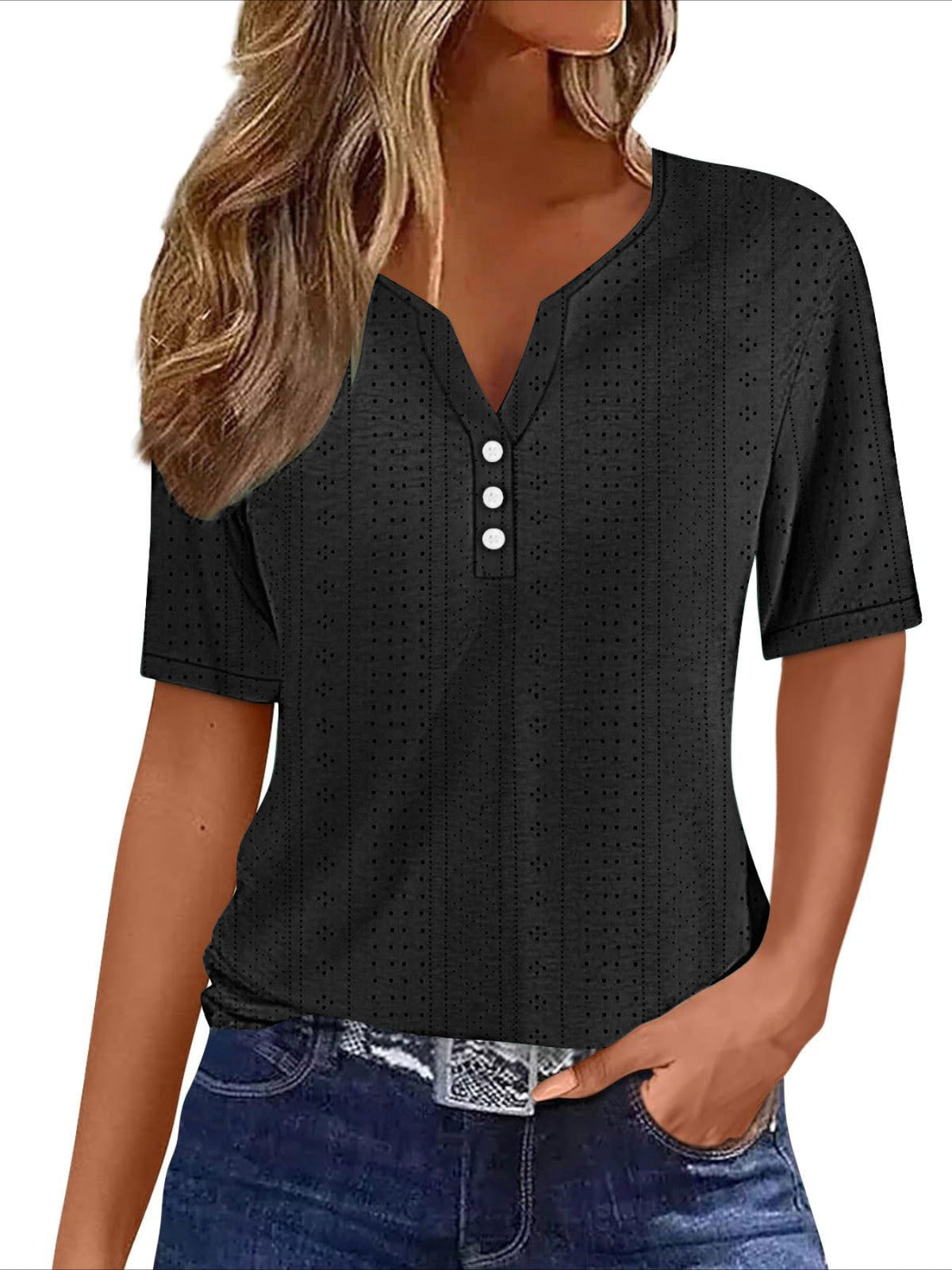Eyelet Embroidered Button Front T-shirt, Casual V Neck Short Sleeve Top