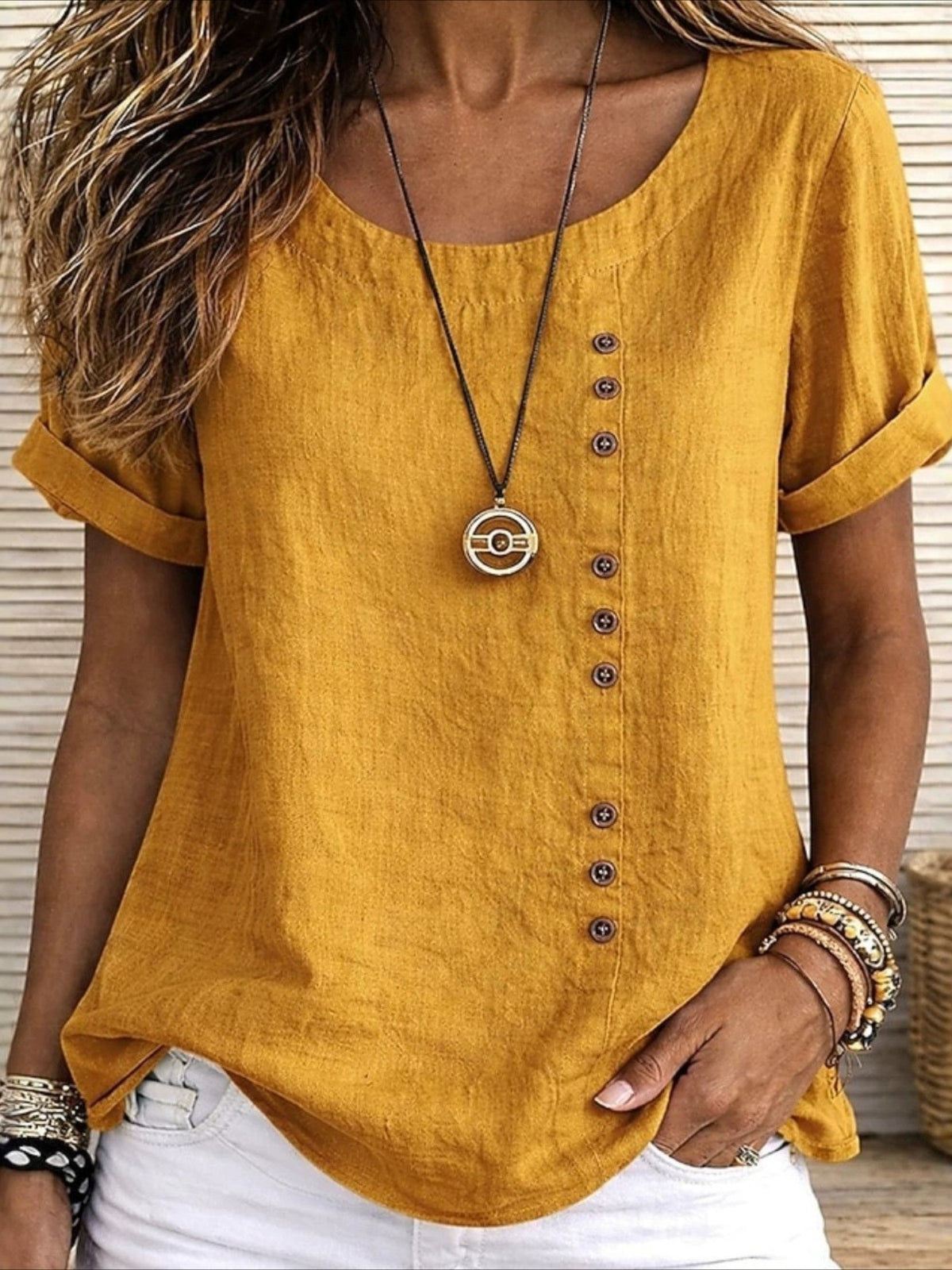 Cotton Linen TButtons Plain Fashion Stylish Classic Short Sleeve Crew Neck Regular Tops