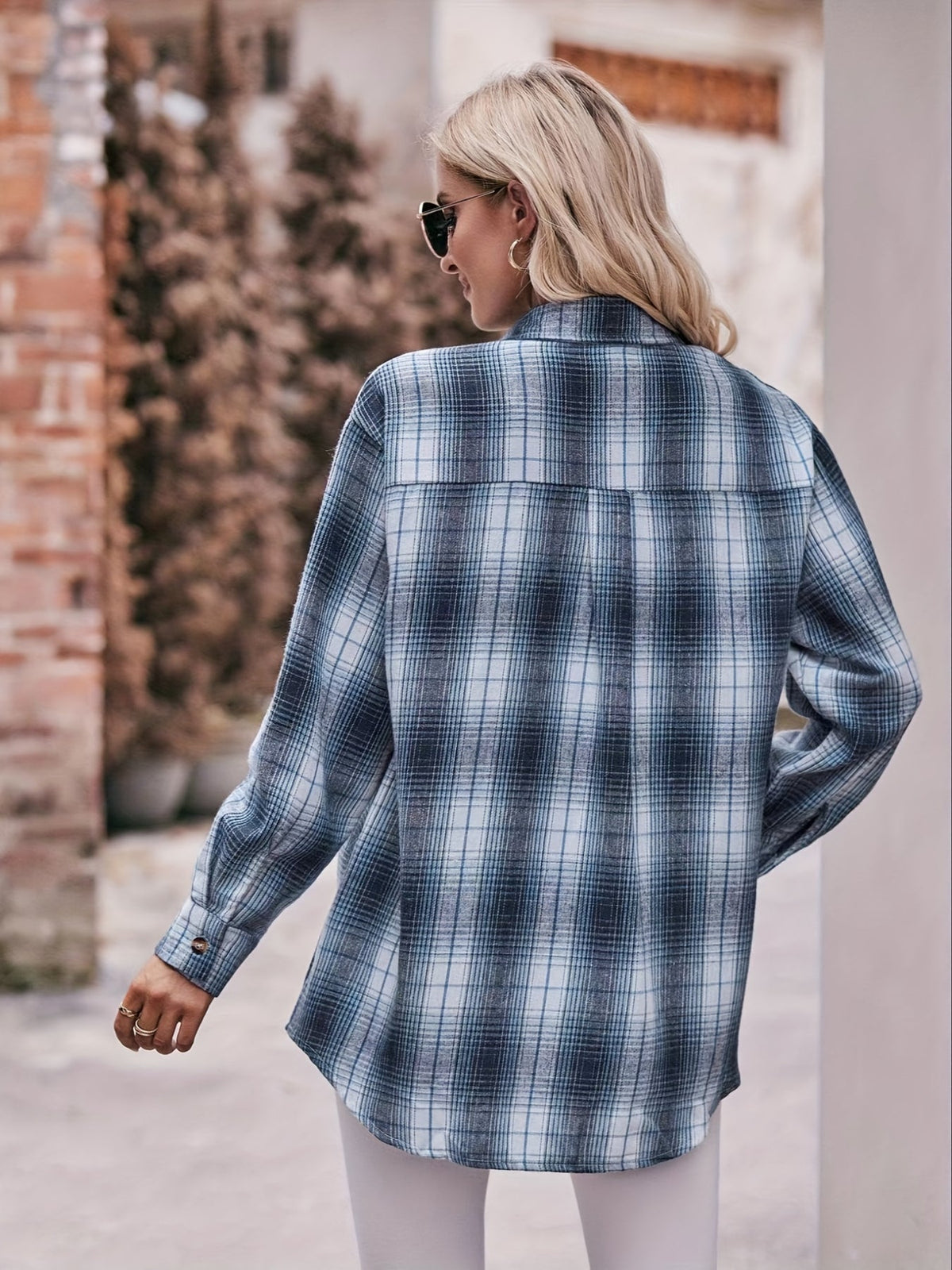 Plaid Print Polo Collar Button Shirt, Casual Long Sleeve Shirt