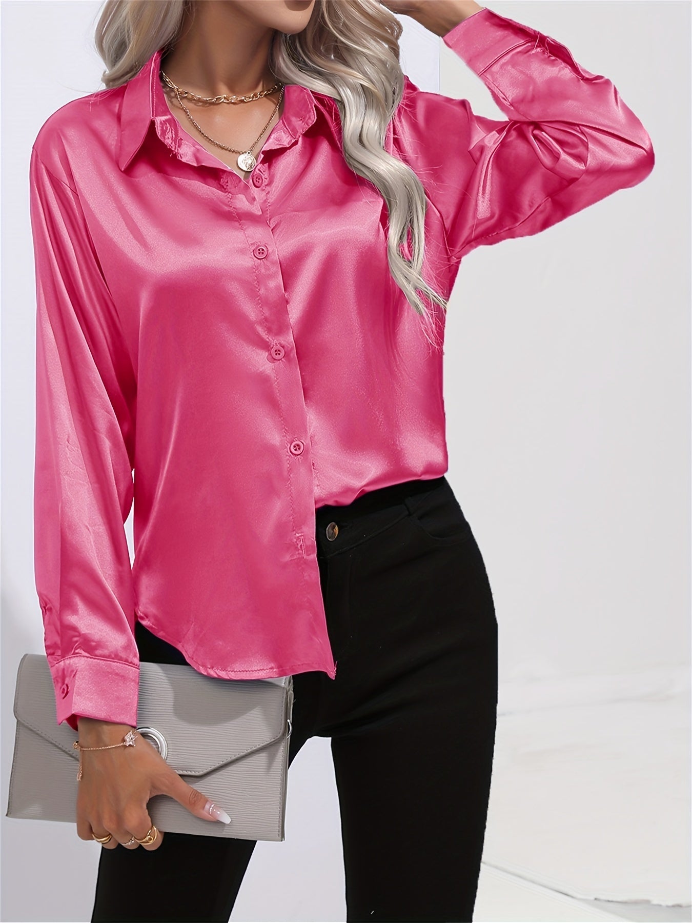 Lapel-collar Satin-satin-faux Silk Long-sleeved Shirt