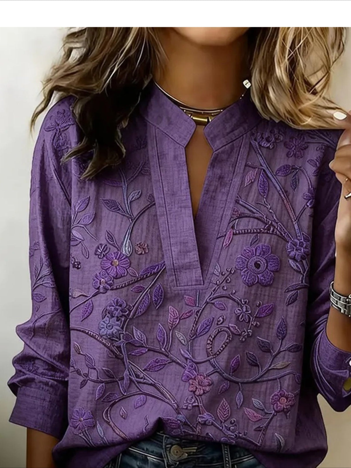 V-Neck Button-Down Printed Long-Sleeve Shirt