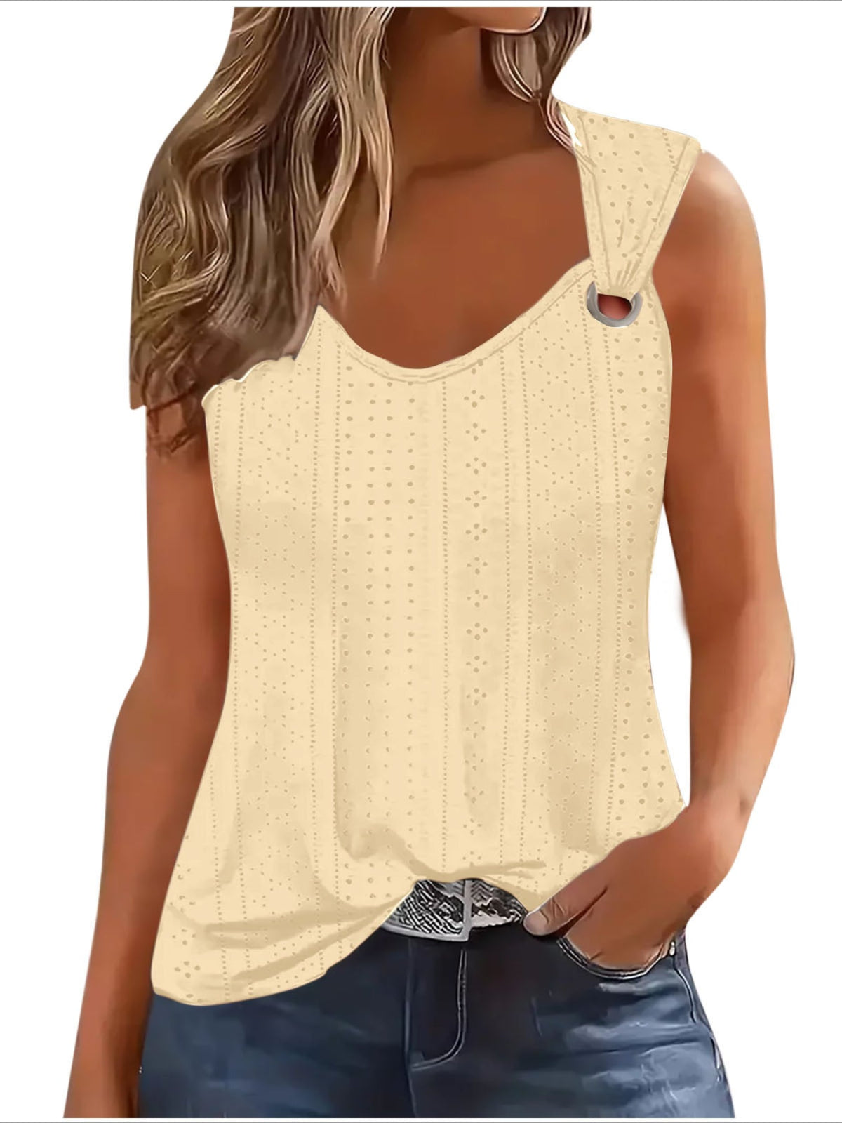Eyelet Solid Tank Top, Casual Sleeveless Tank Top
