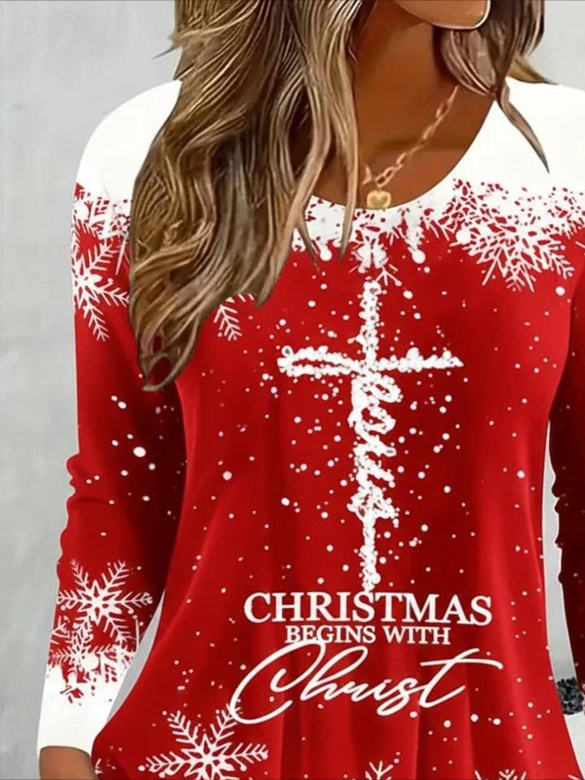 Red Christmas Long Sleeve Tee T-shirt Crew Neck Casual Spring/Fall Top