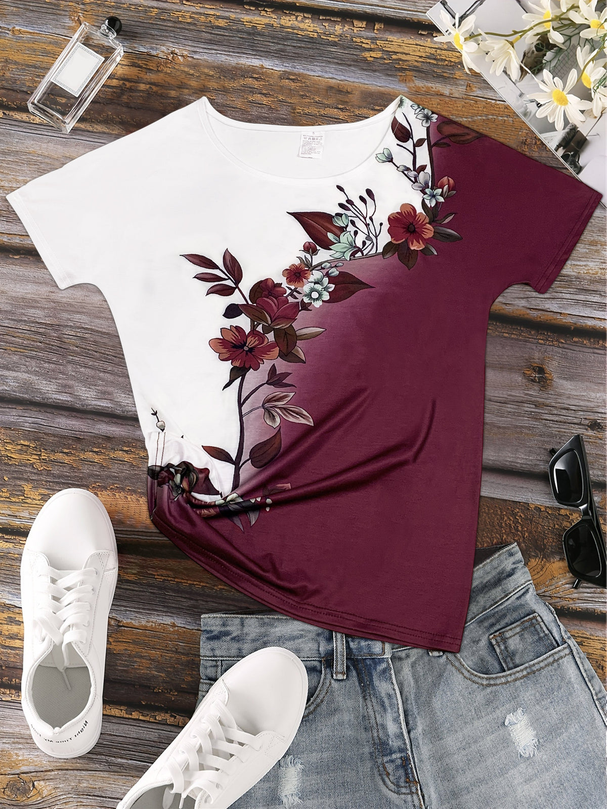 Short Sleeve Floral Print Colorblock Crew Neck T-Shirt
