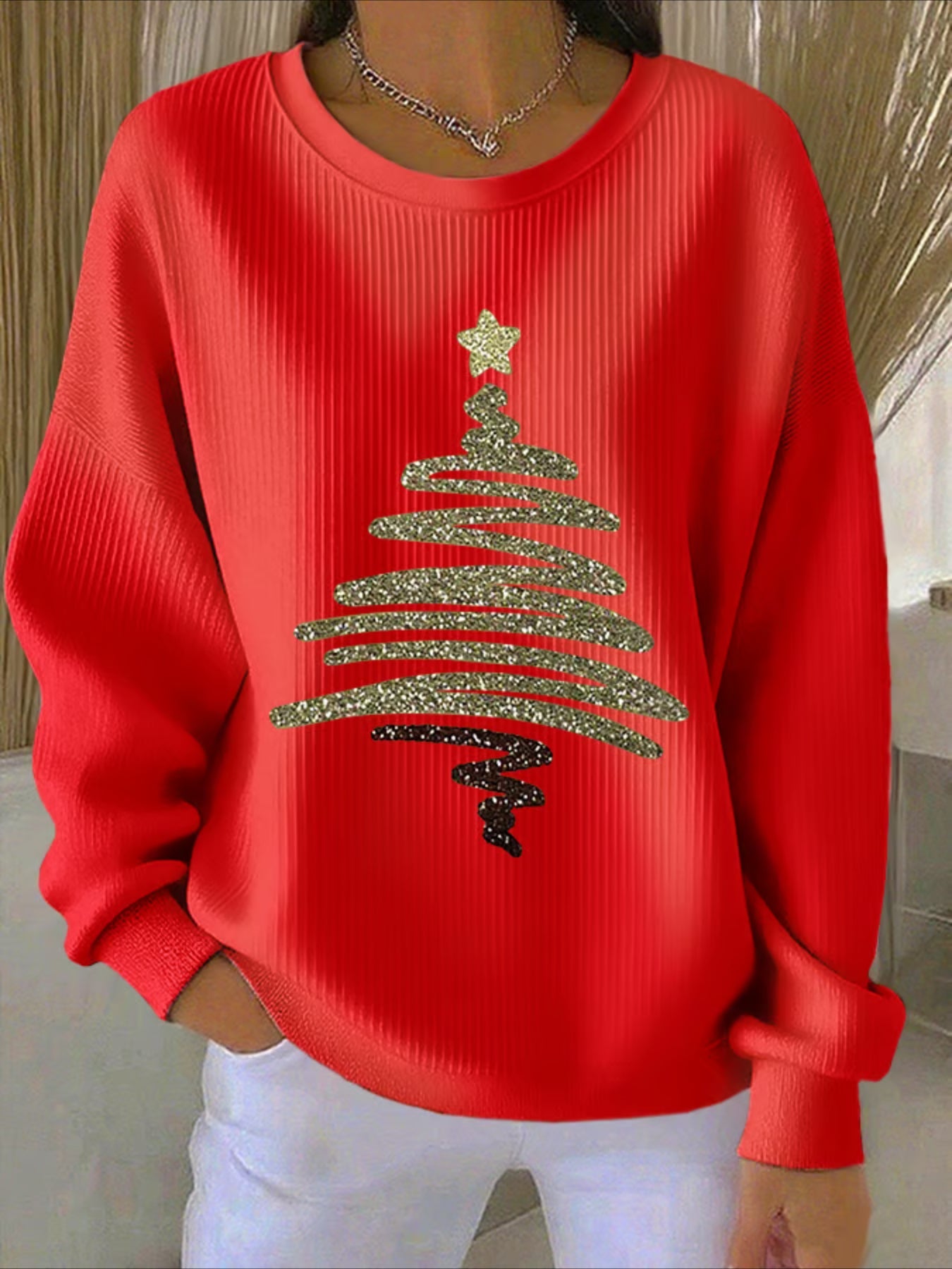 Christmas Printed Crew Neck Floral Long Sleeve Comfy Casual Sweater Hoodie