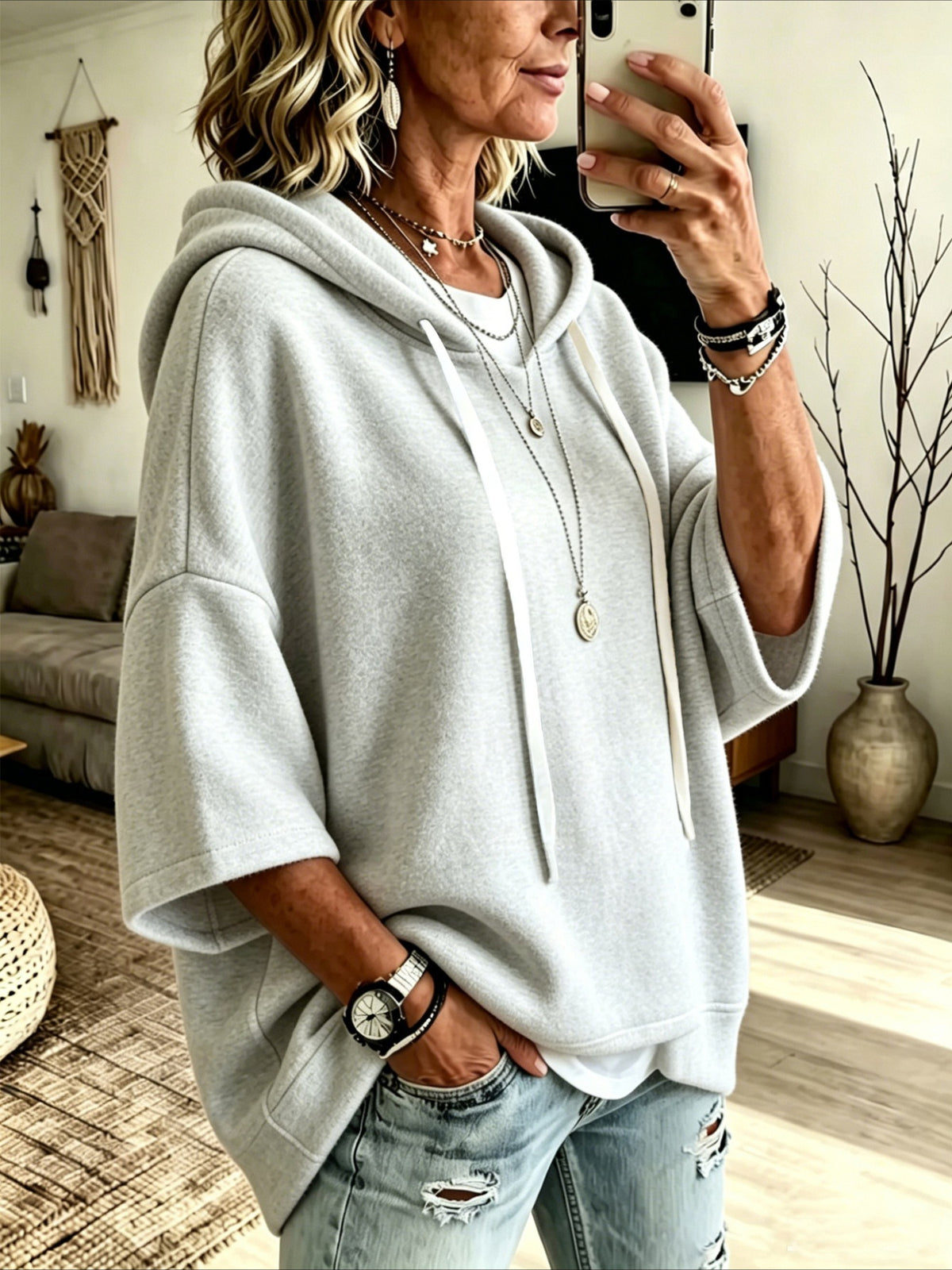 Loose 3/4 Sleeve Hooded Drawstring Bat-sleeved Sweatshirt