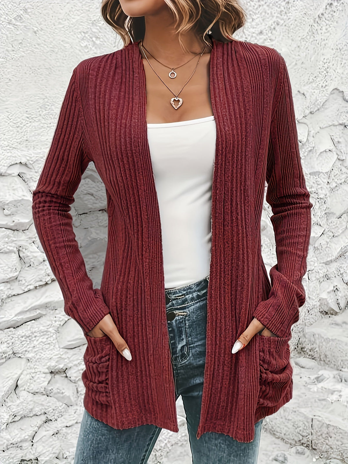 Solid Open Front Rib Knit Cardigan, Casual Long Sleeve Slim Cardigan With Pocket