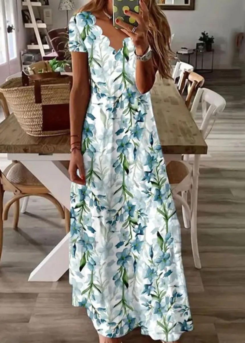 Fashion Pattern Printed Pullover Elegant Wave V-neck Loose Casual Short Sleeve Dresses