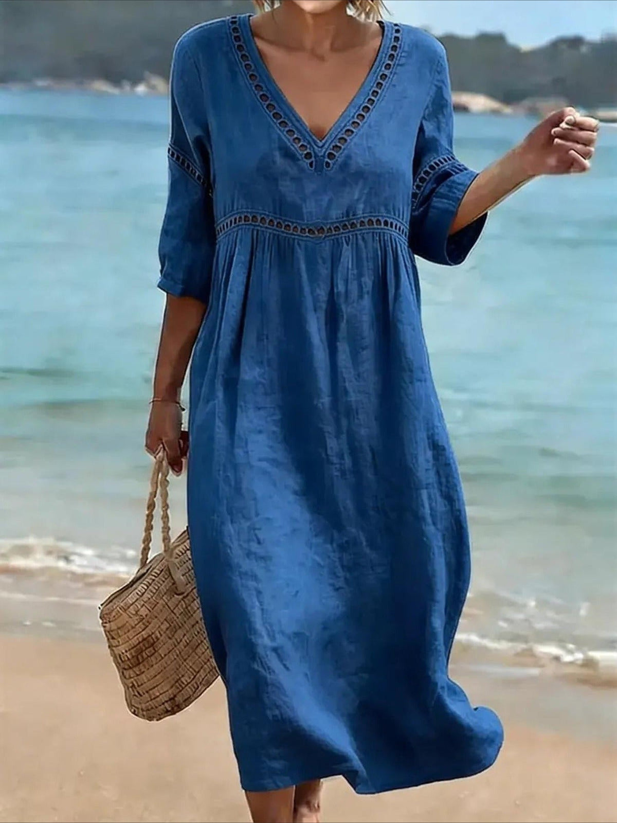 Casual V-Neck Solid Color Hollow Out Dress