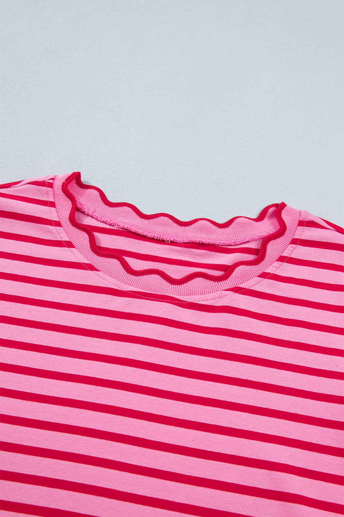 Pink Stripe Scalloped Trim Round Neck T Shirt