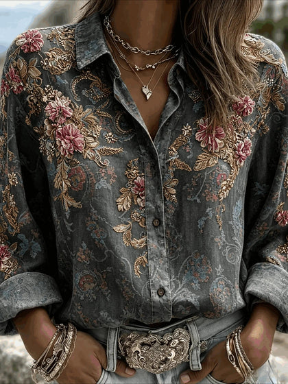 Flower Prints Shirt Collar Casual Long Sleeve Blouse