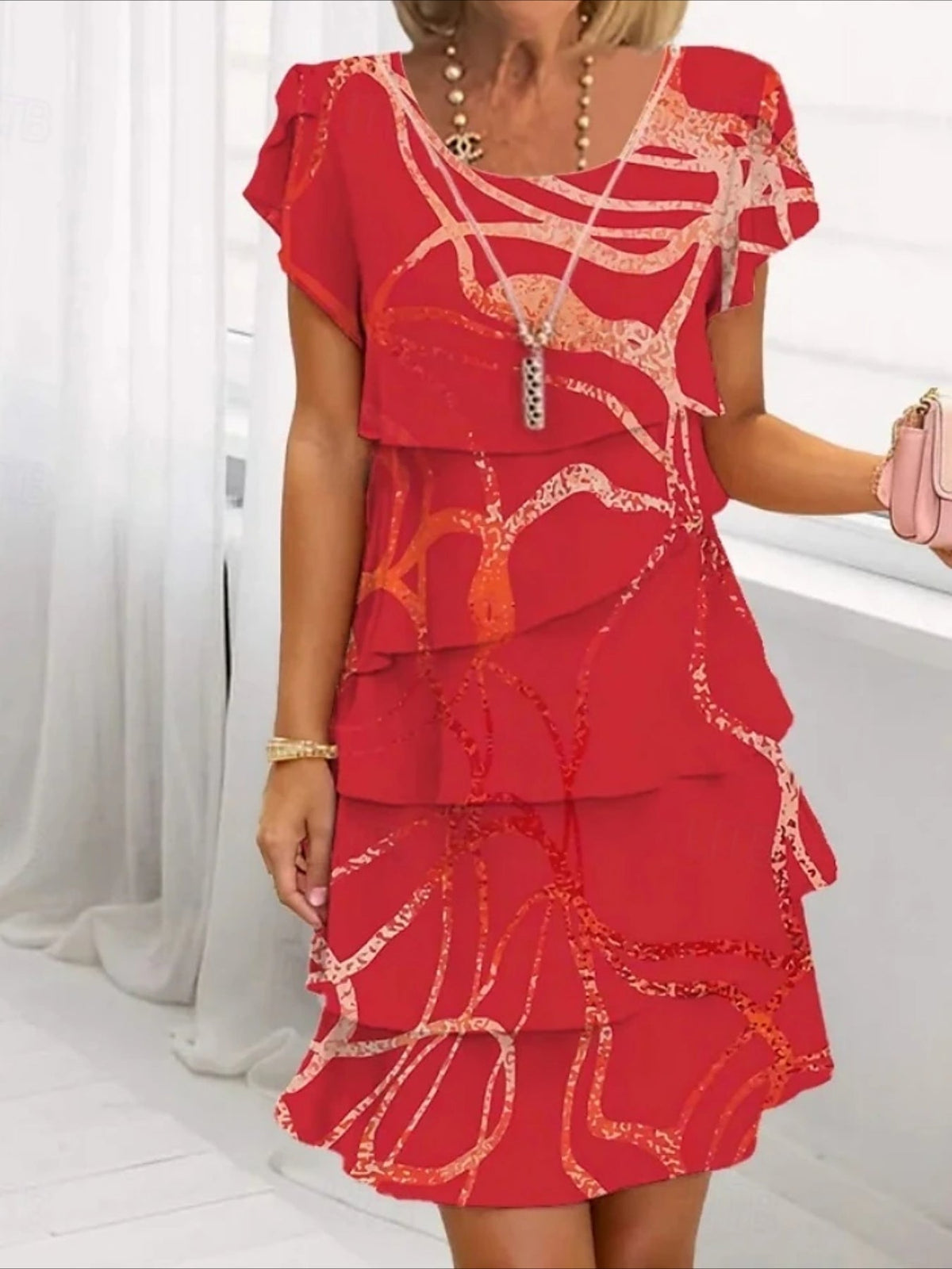 Elegant Daily Regular Fit Floral Geometric Short Sleeve Crew Neck Midi Dress