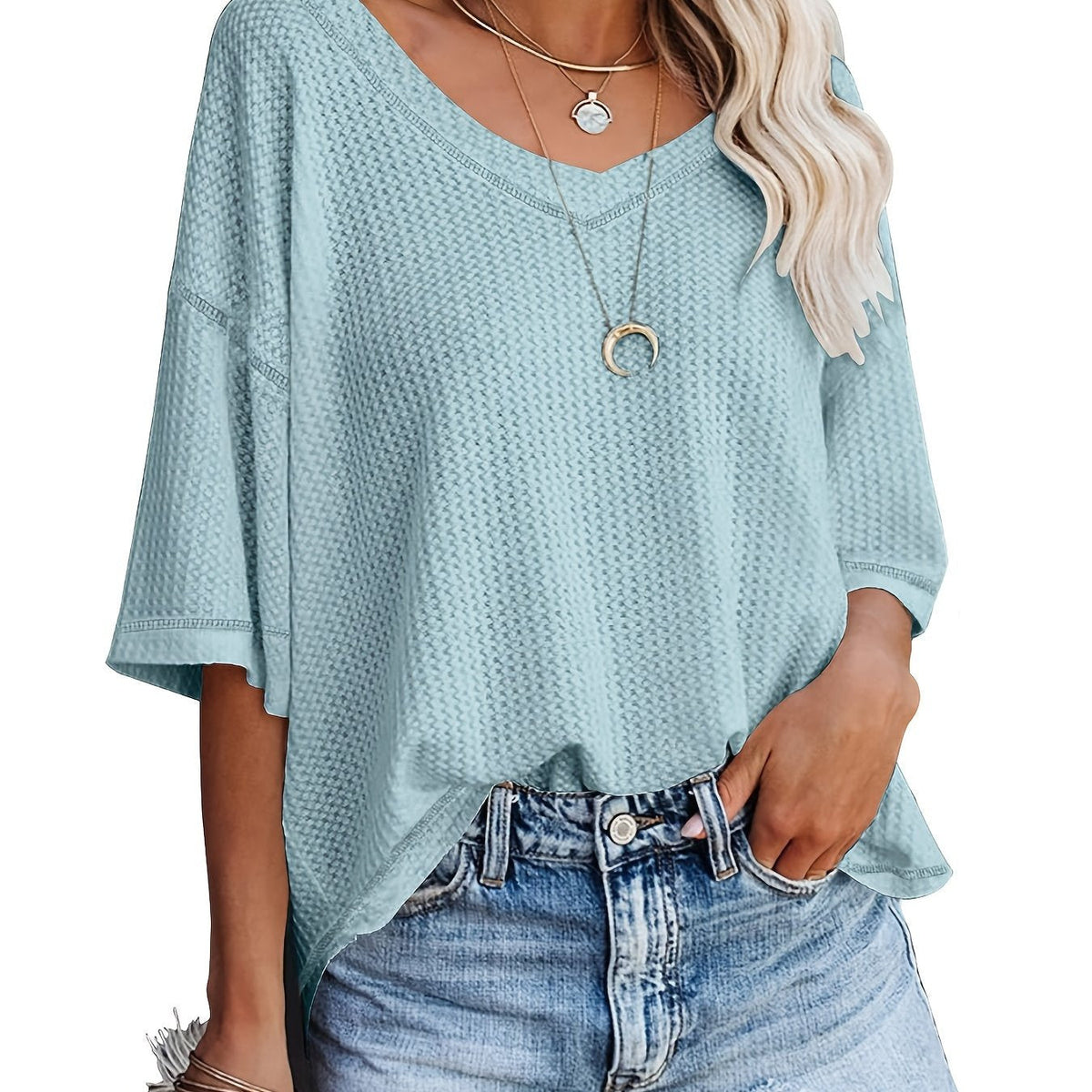 Solid Elegant V Neck T-Shirt, Drop Shoulder Casual Top