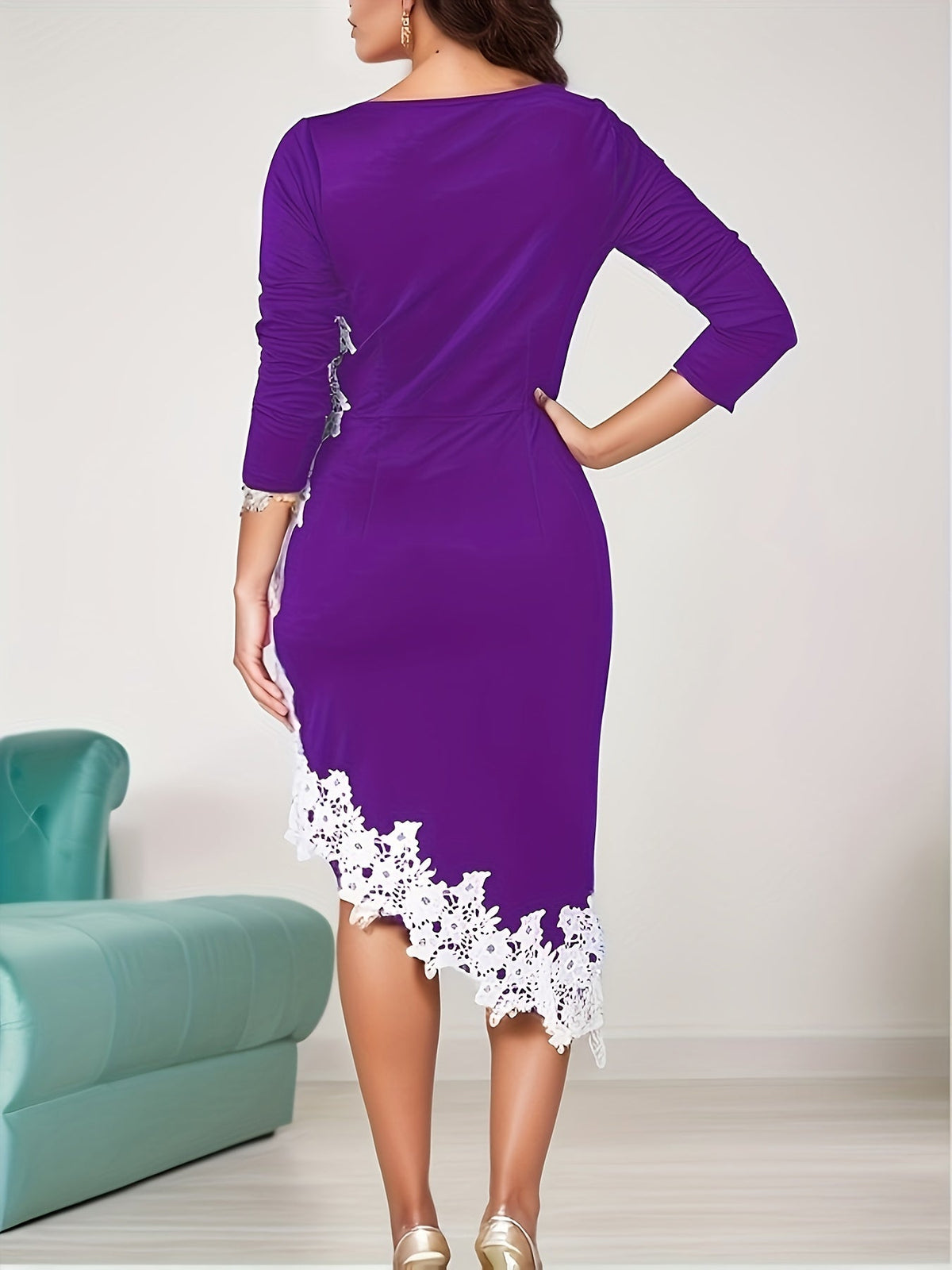 Women's Elegant Asymmetrical Skinny Dress, Lace Hem Long Sleeve V-neck Dress