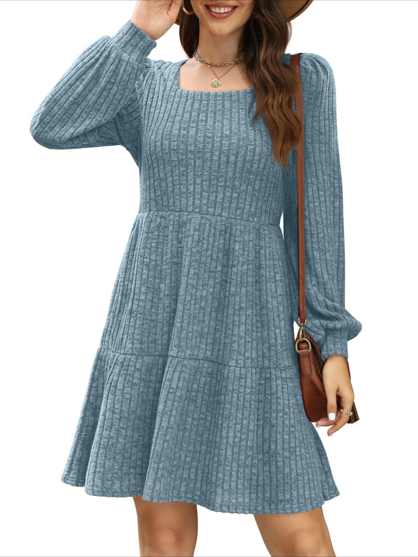 Square Neck Long Sleeve Dress with Pockets
