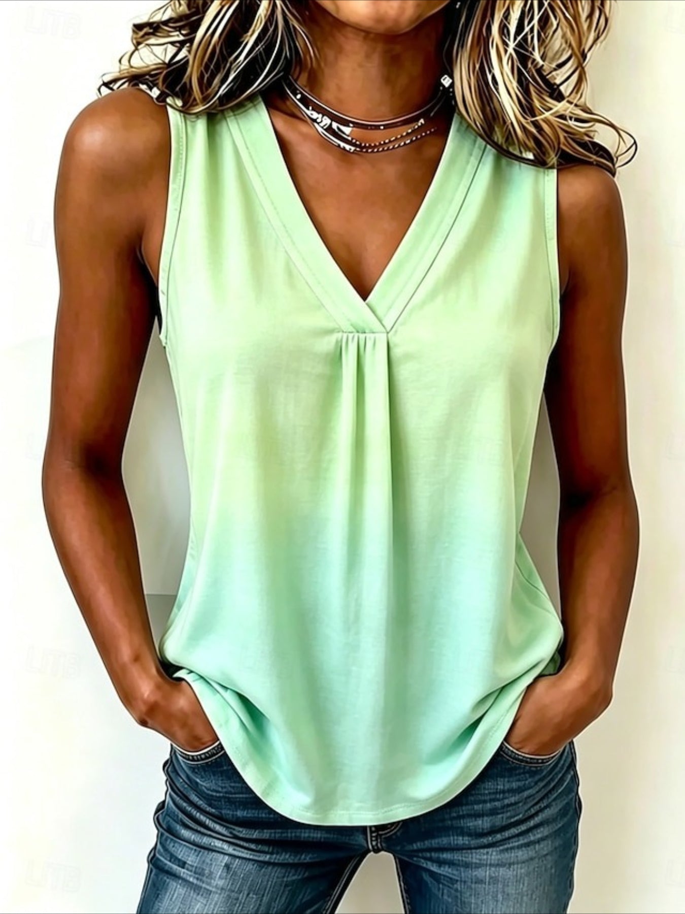 V-Neck Pullover Plaid Print Simple and Elegant Commuter Tank Top