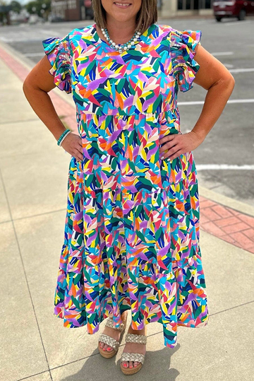 Blue Geometric Print Ruffled Short Sleeve Plus Size Tiered Maxi Dress