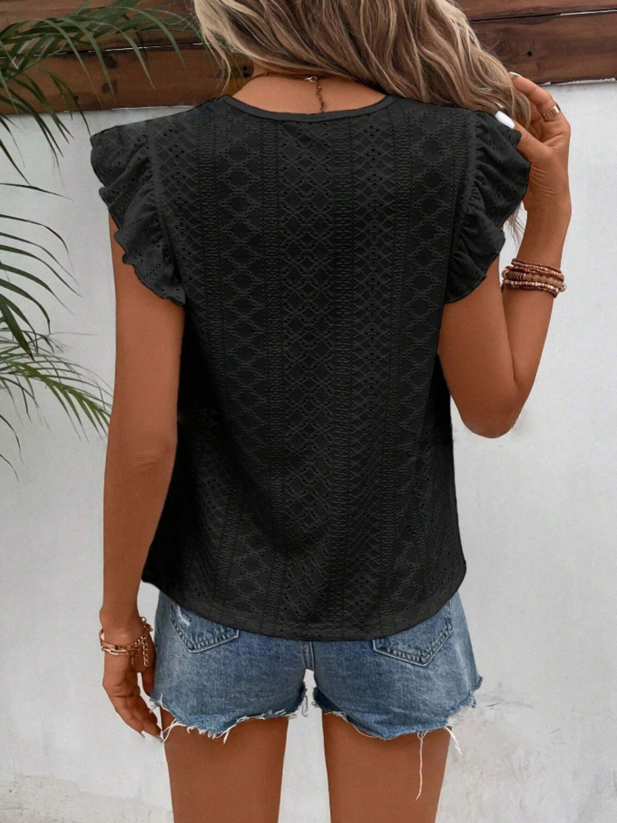 Solid Eyelet Ruffle Trim T-Shirt, Vintage Crew Neck T-Shirt