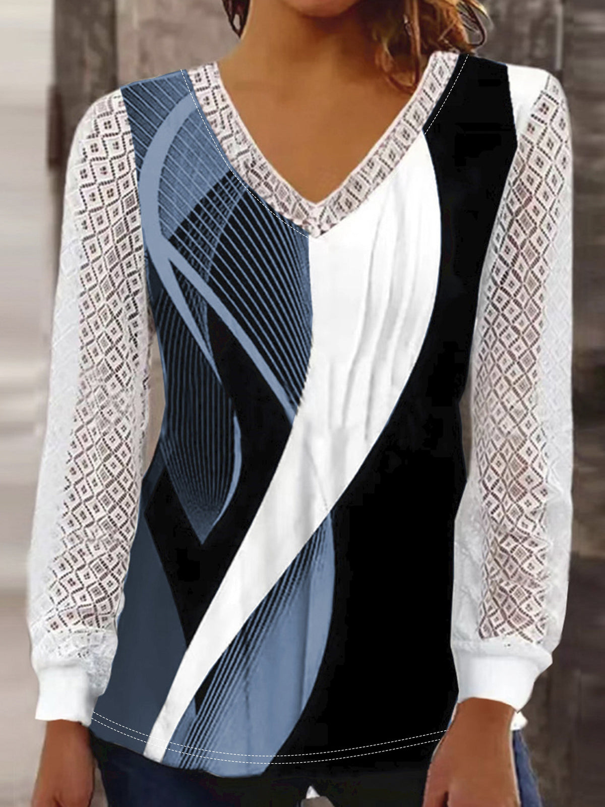 Women's Abstract Stripe Print Contrast Lace Long Sleeve V Neck Top