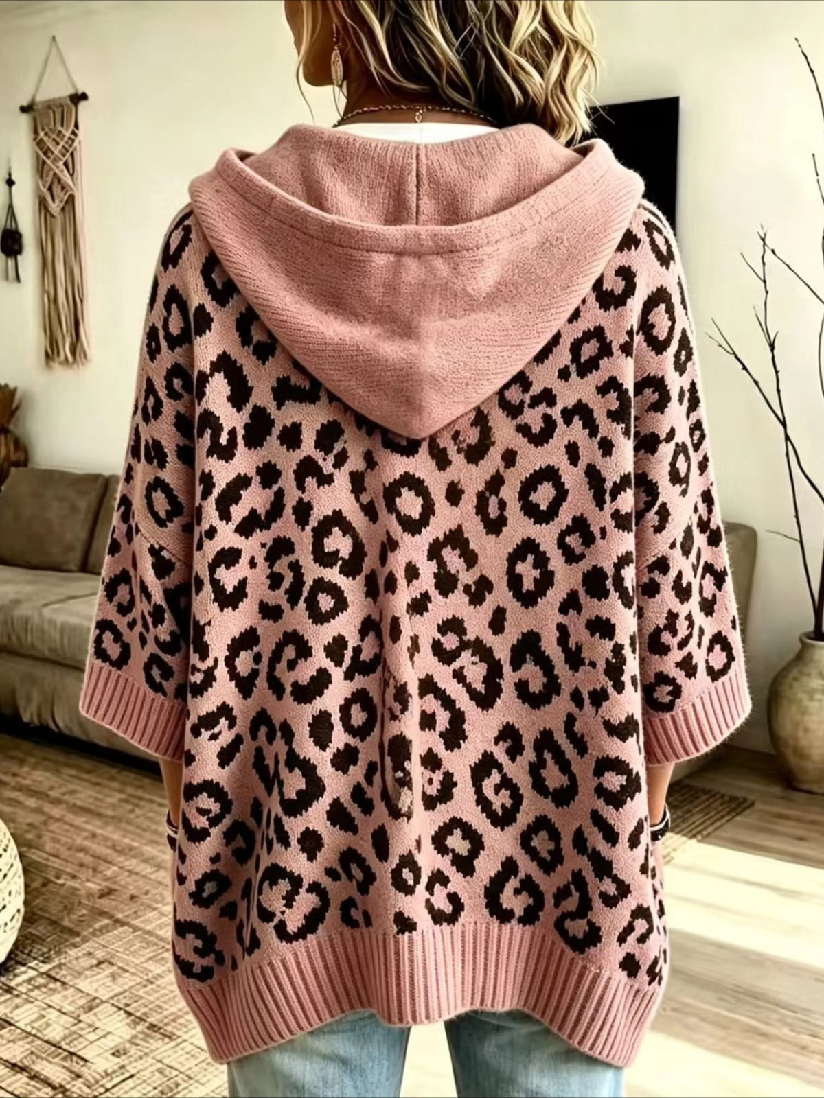 Leopard Pattern Hooded Knit Sweater with Batwing Sleeves