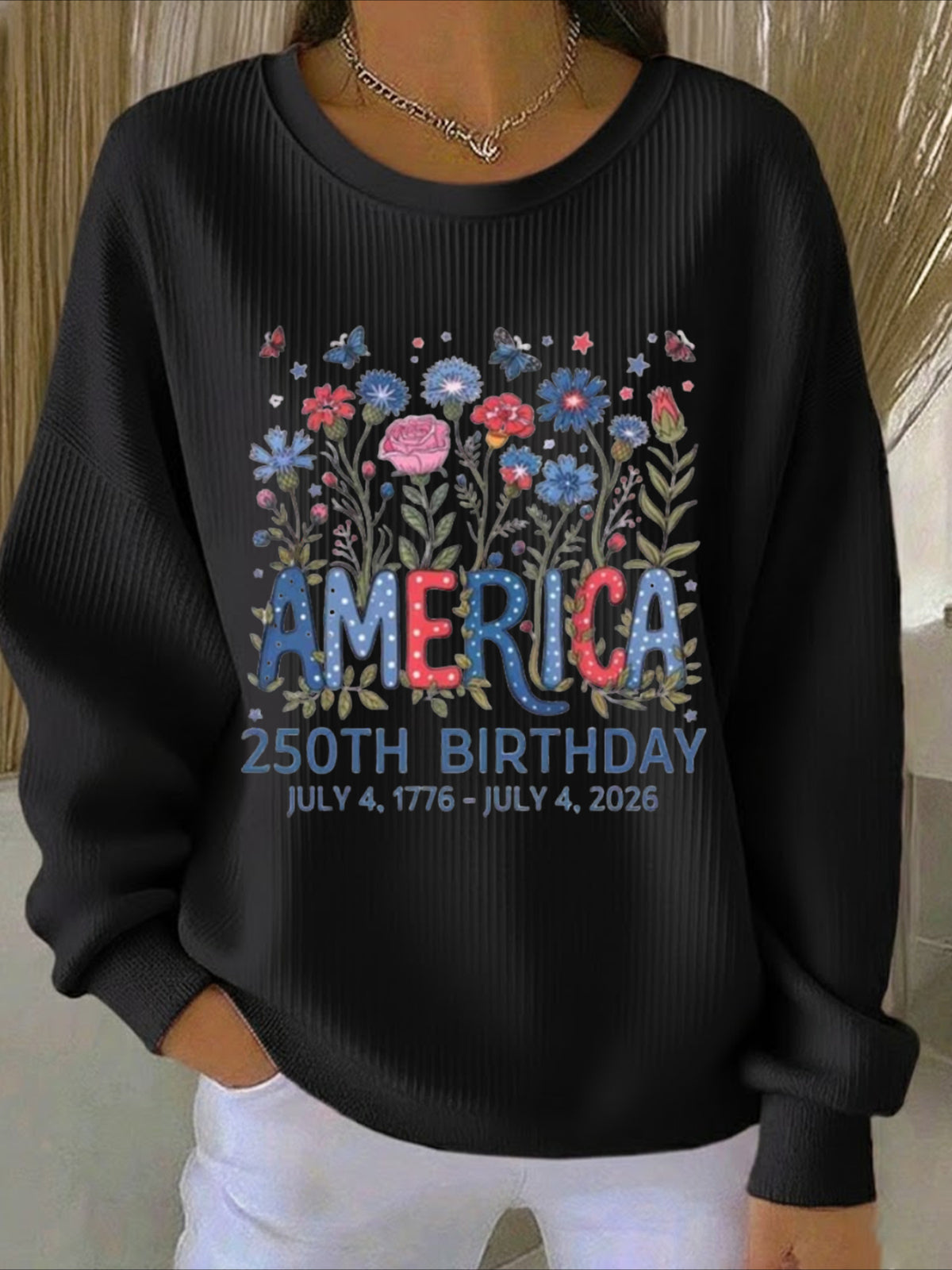 USA 250th Anniversary Printed Crew Neck Floral Long Sleeve Sweater Hoodie