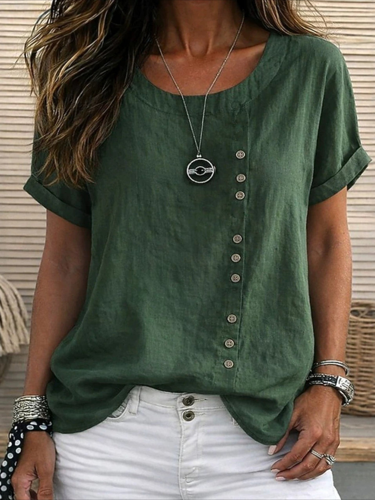 Cotton Linen TButtons Plain Fashion Stylish Classic Short Sleeve Crew Neck Regular Tops