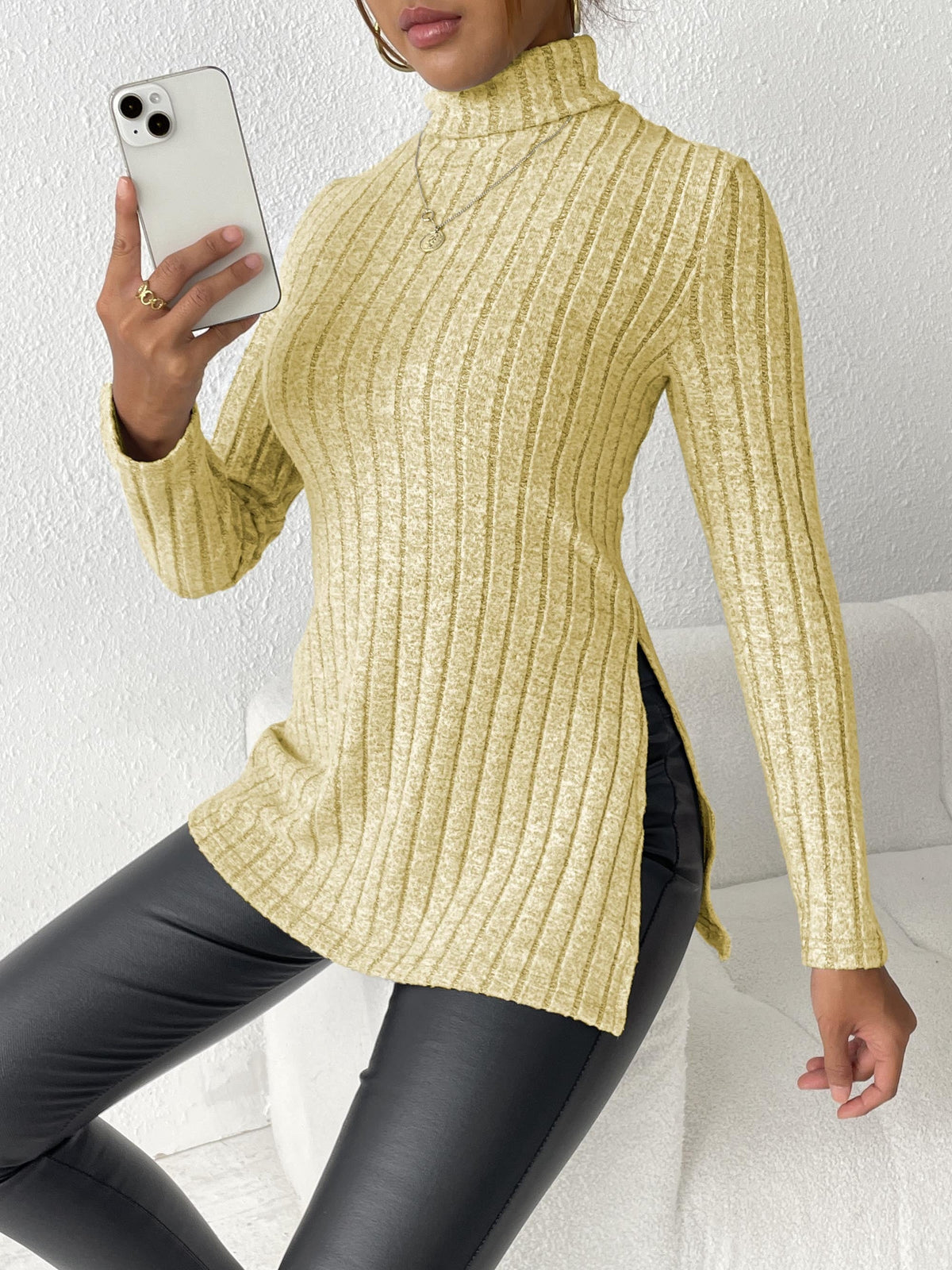 Solid Turtle Neck Rib Knit Top, Casual Long Sleeve Split Top