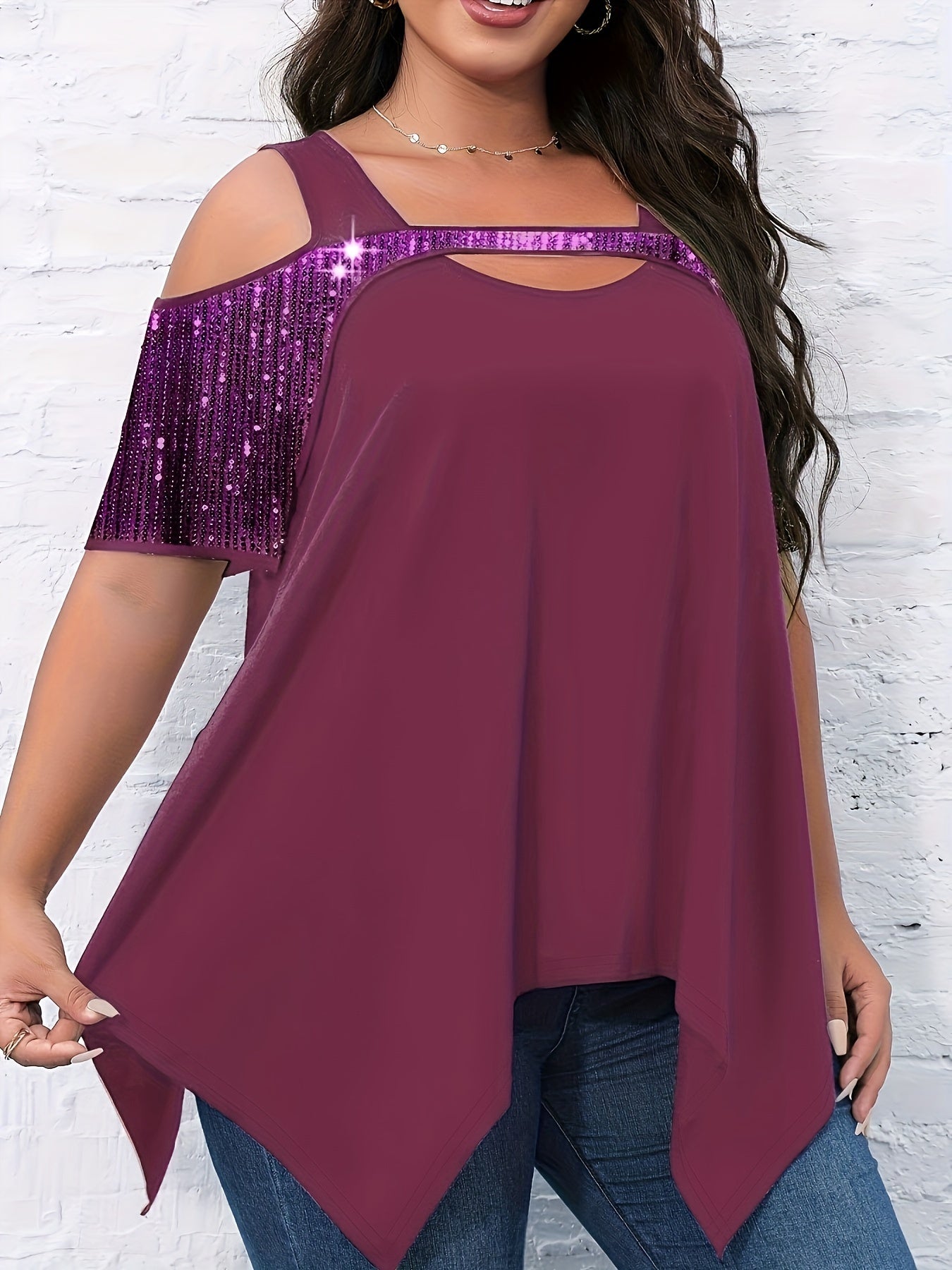 Casual Blouse, Women's Plain Rhinestone Cut Out Cold Shoulder Asymmetrical Hem Blouse