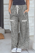 Gray Animal Print Wide Leg Terry Knit Pants
