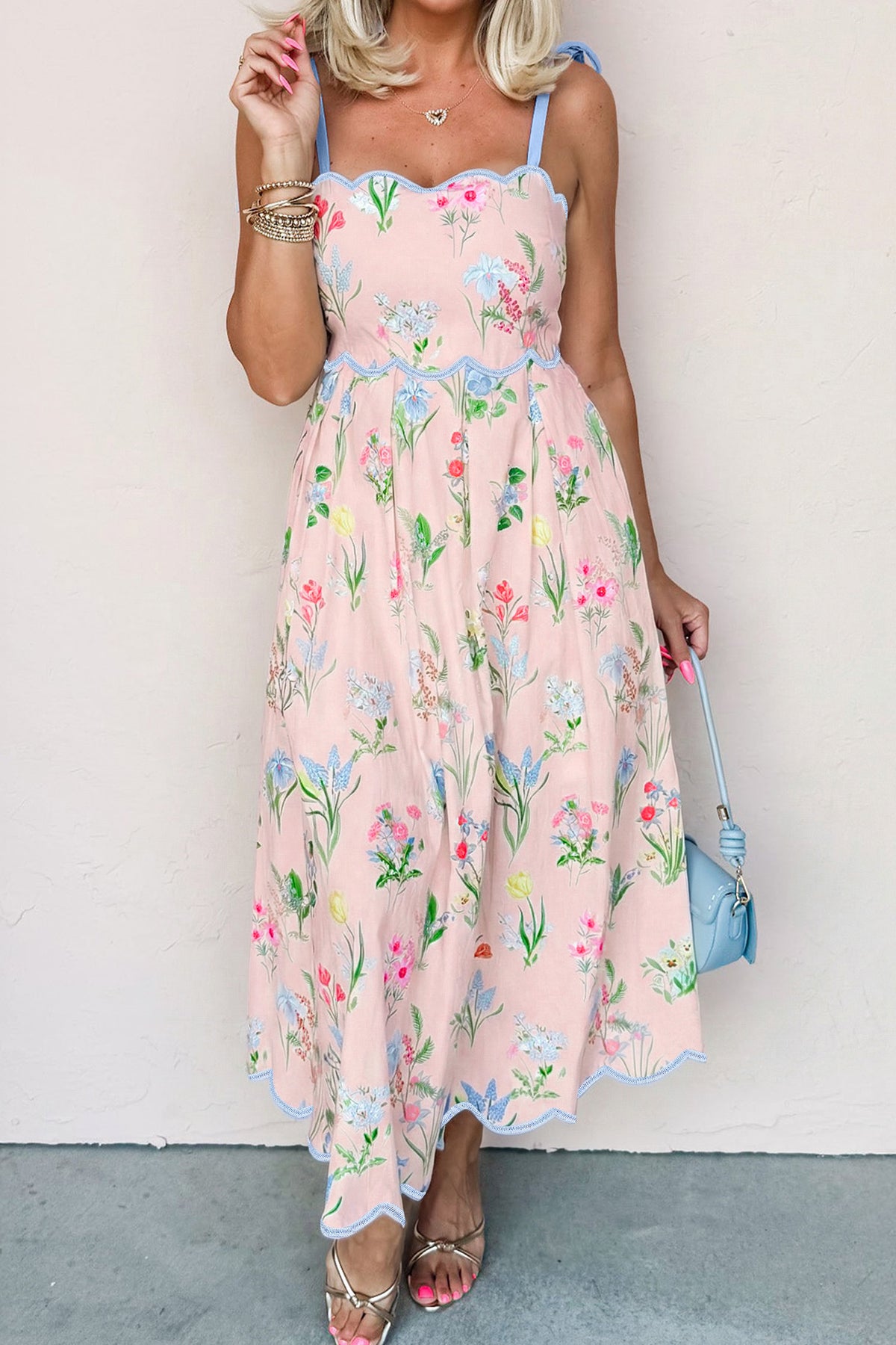 Pink Floral Print Contrast Trim Self-tie Straps High Waist Midi Dress