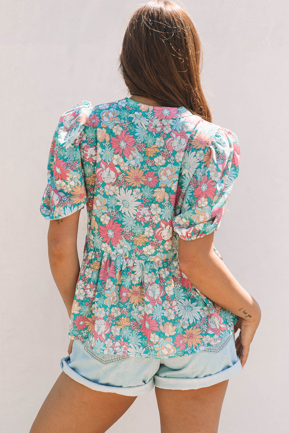 Multicolour Notched Neck Puff Short Sleeve Floral Blouse