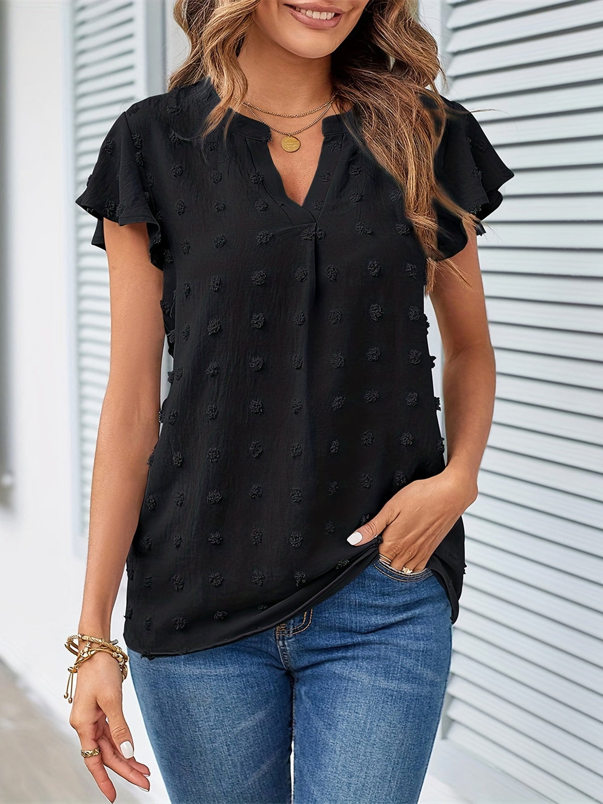 Swiss Dot V Neck Blouse, Casual Ruffle Sleeve Blouse