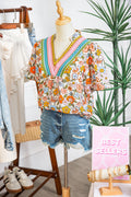 Multicolour Crochet V Neckline Puff Sleeve Boho Flower Blouse